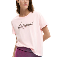 Desigual T-Shirt Manga Curta Mulher Rosa Aplicação de Pérolas