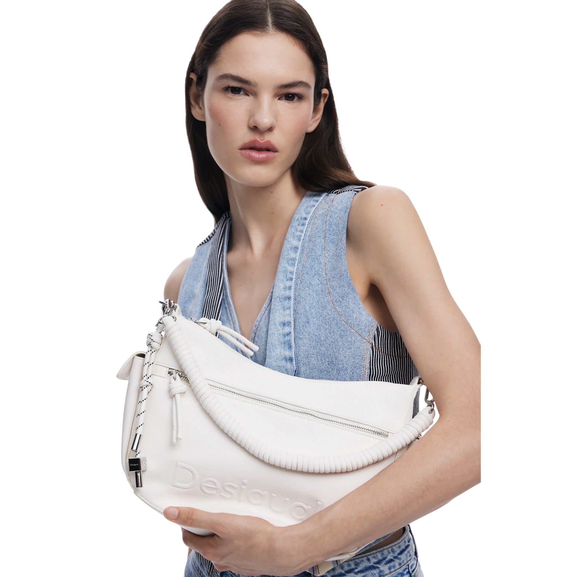 Borsa Donna Bianca Ovale Desigual con Logo 3D e Tasche Multiple