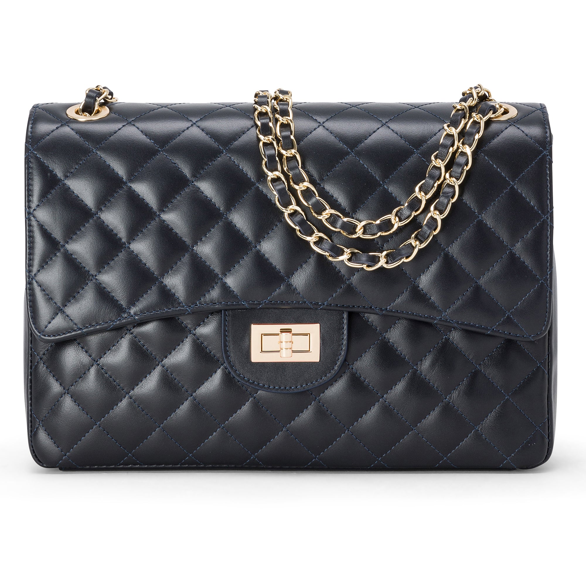 Borsa Donna a Spalla e Tracolla, In Vera Pelle Trapuntata, Made in Italy, Modello Vivienne Blu Navy