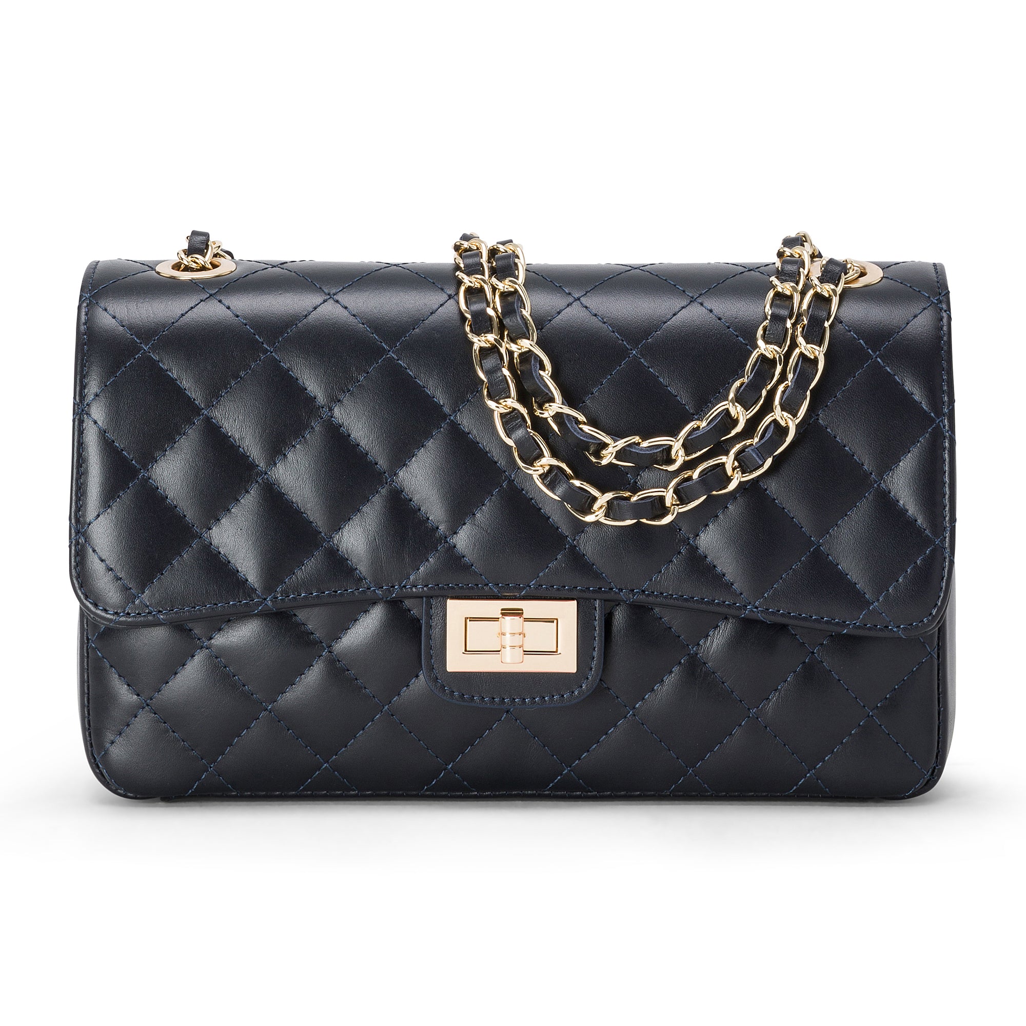 Borsa Donna a Spalla e Tracolla, In Vera Pelle Trapuntata, Made in Italy, Modello Charlotte Blu Navy