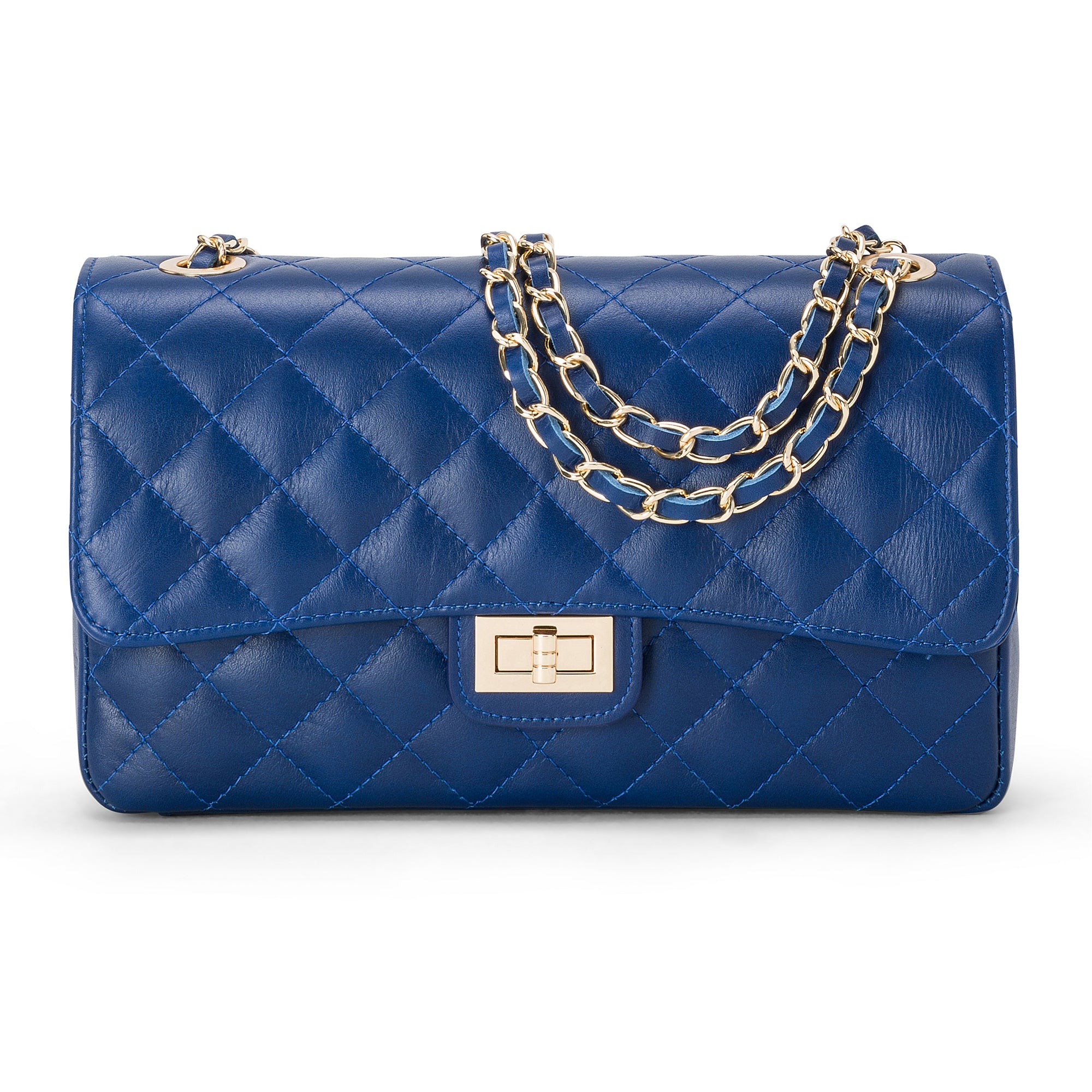 Borsa Donna a Spalla e Tracolla, In Vera Pelle Trapuntata, Made in Italy, Modello Charlotte Blu Royal