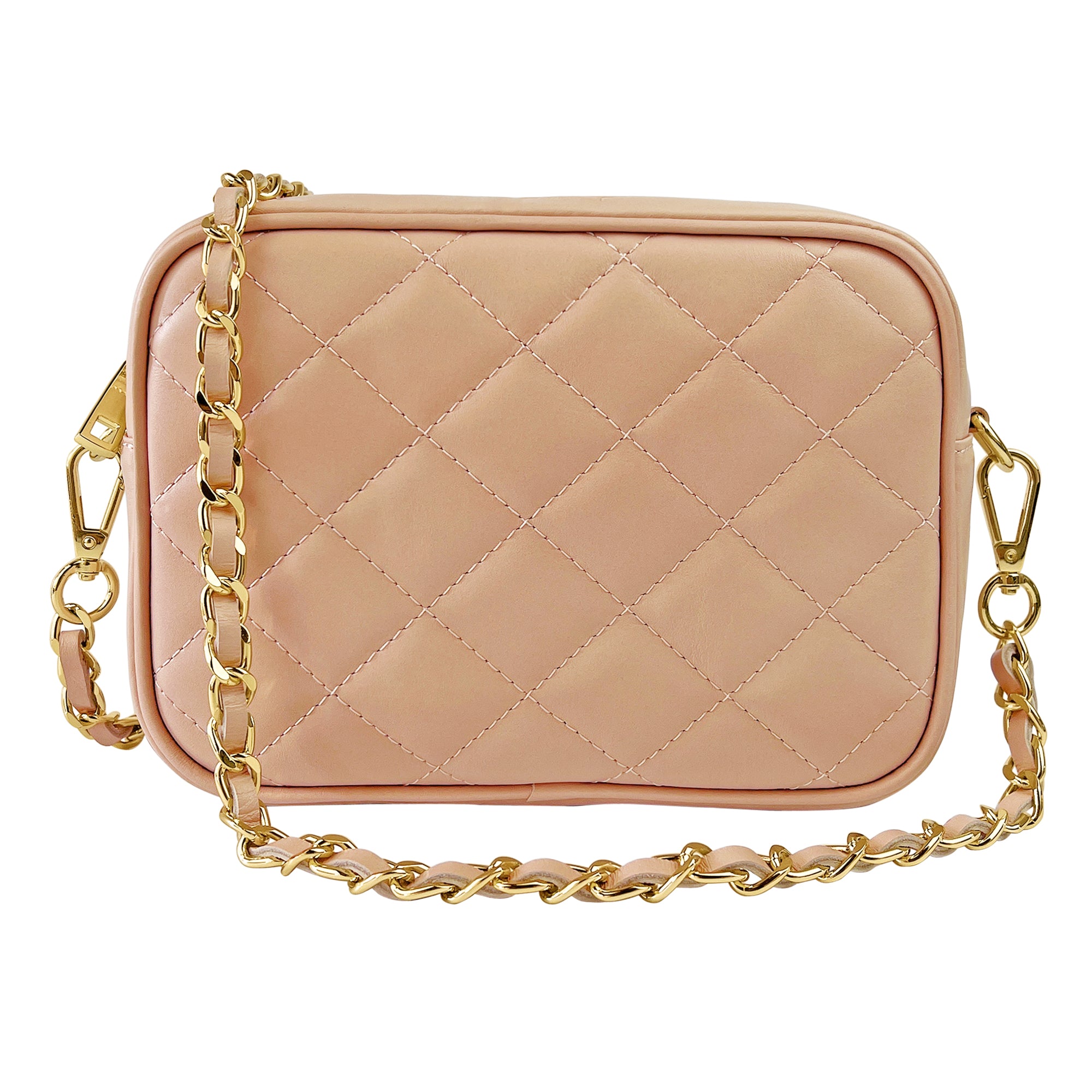 Borsa Donna a Tracolla, In Vera Pelle Trapuntata, Made in Italy, Modello Nora Rosa Cipria