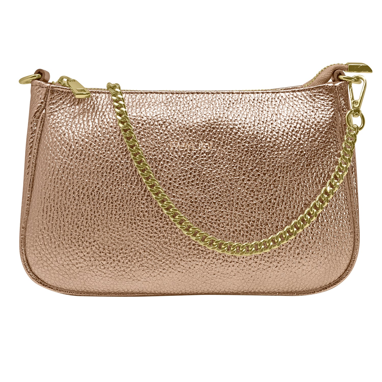 Borsa Donna a Spalla e Tracolla, In Vera Pelle Laminata, Made in Italy, Modello Isa Oro Rosa