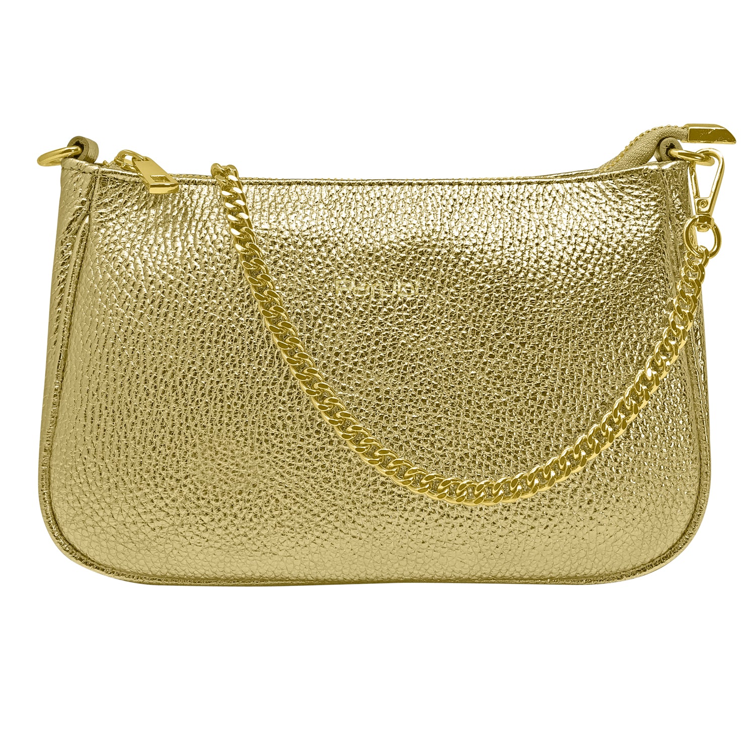 Borsa Donna a Spalla e Tracolla, In Vera Pelle Laminata, Made in Italy, Modello Isa Oro