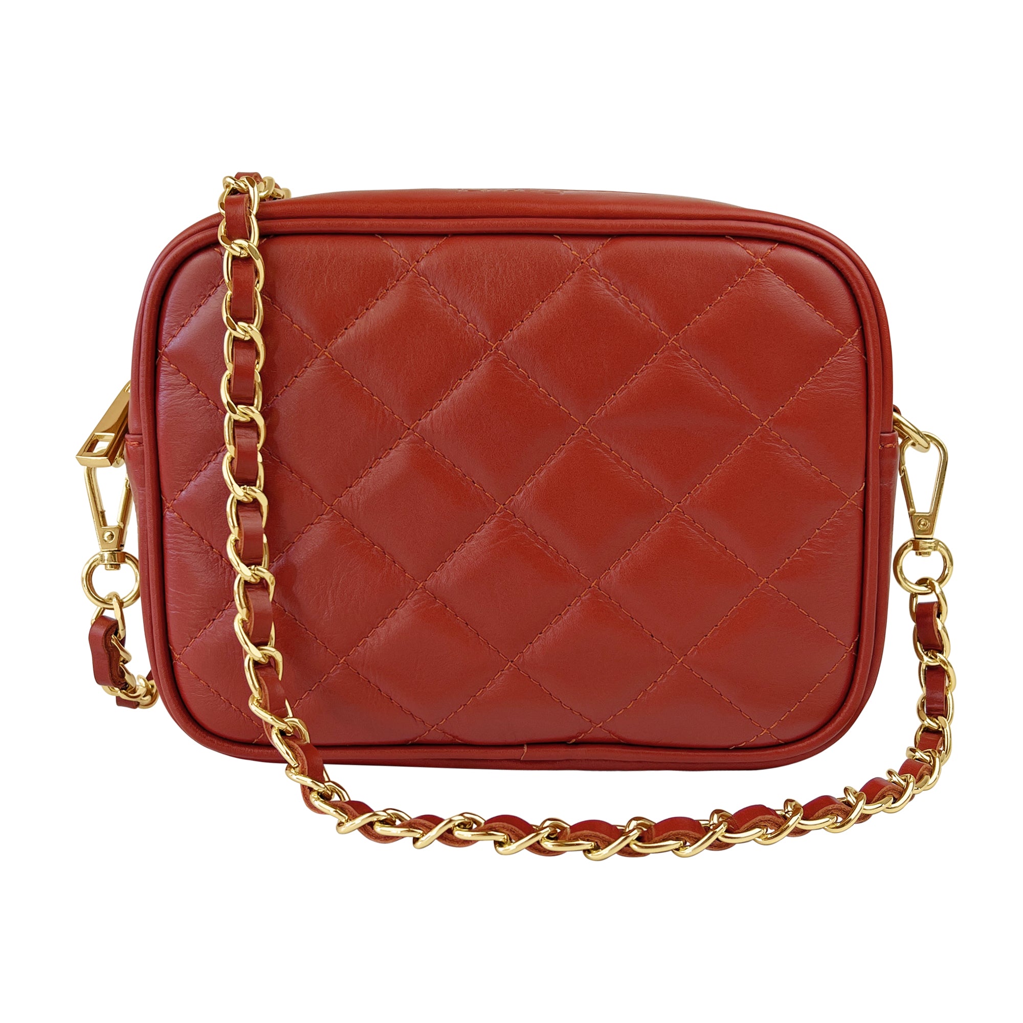 Borsa Donna a Tracolla, In Vera Pelle Trapuntata, Made in Italy, Modello Nora Rosso Mattone