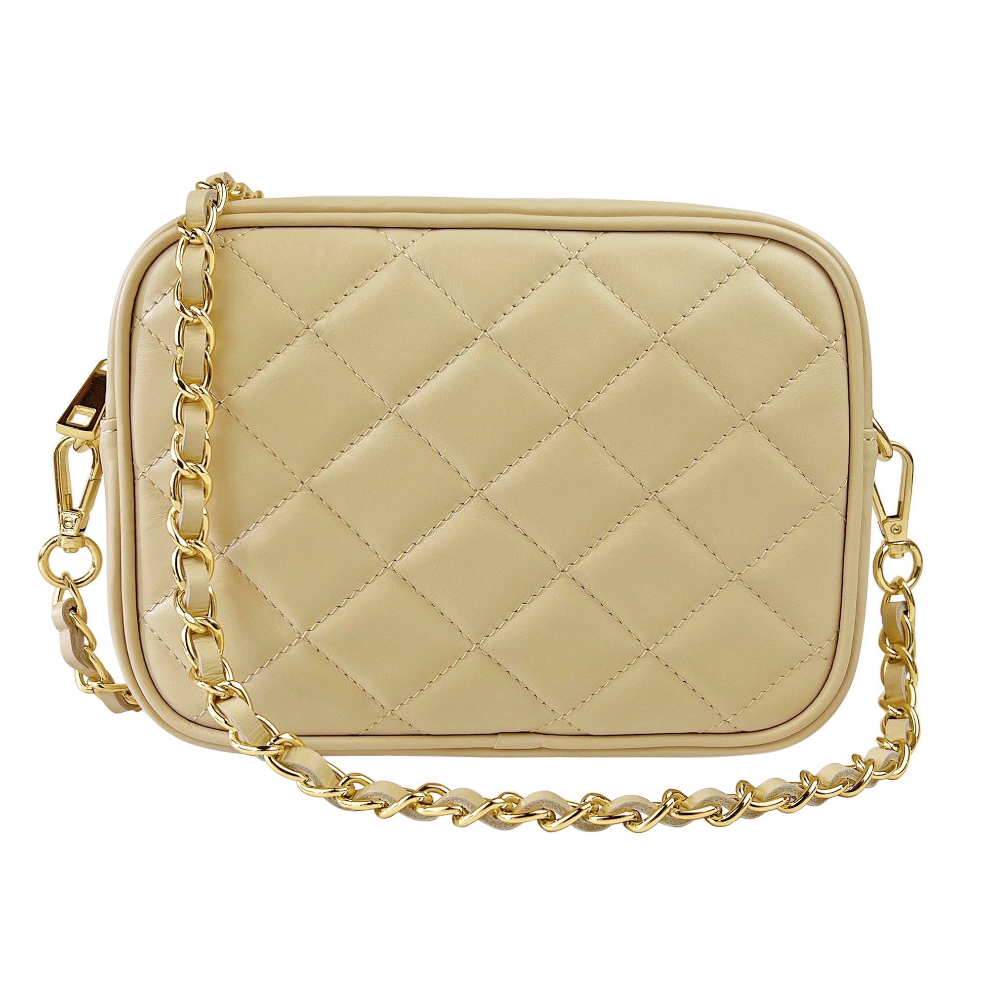 Borsa Donna a Tracolla, In Vera Pelle Trapuntata, Made in Italy, Modello Nora Beige