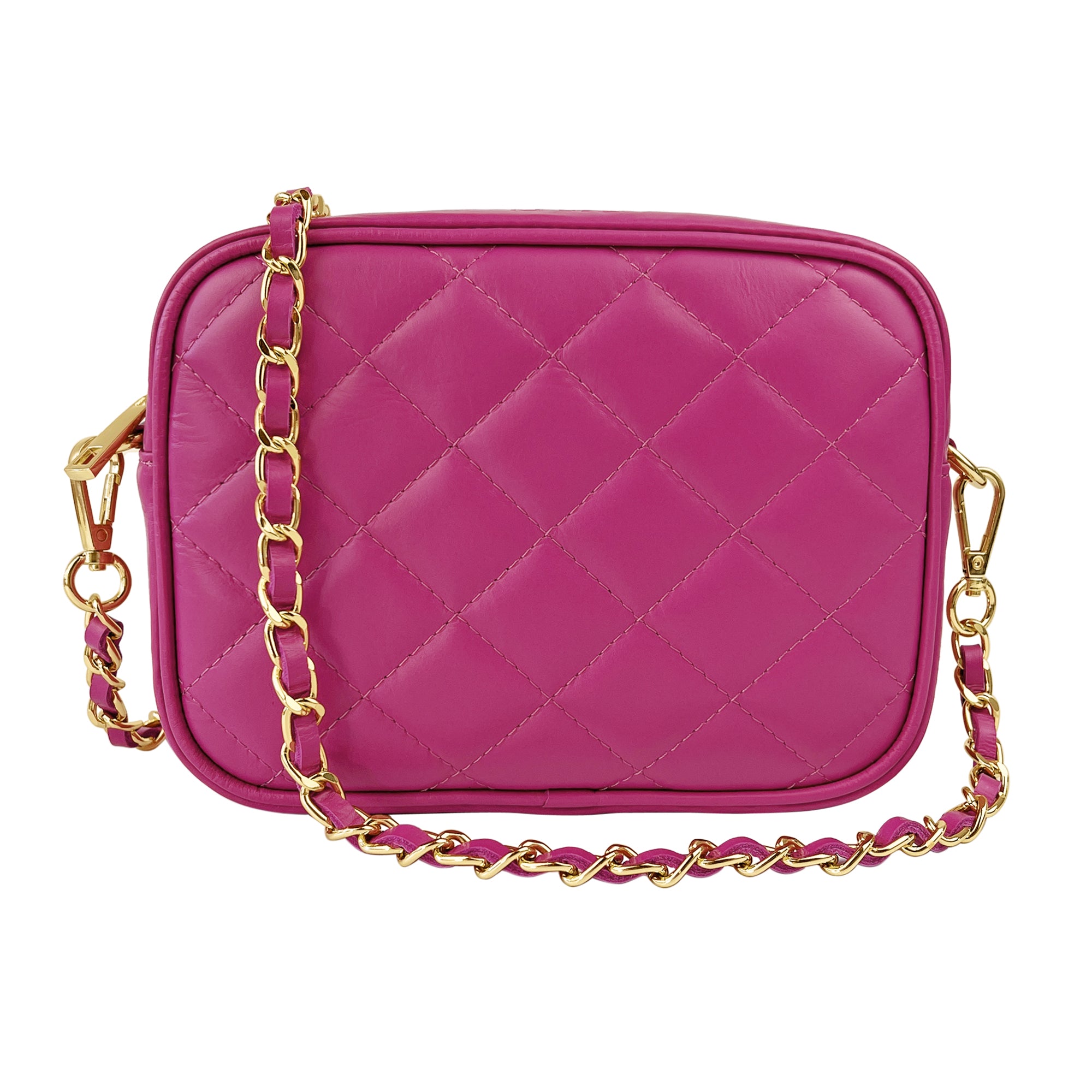 Borsa Donna a Tracolla, In Vera Pelle Trapuntata, Made in Italy, Modello Nora Fucsia
