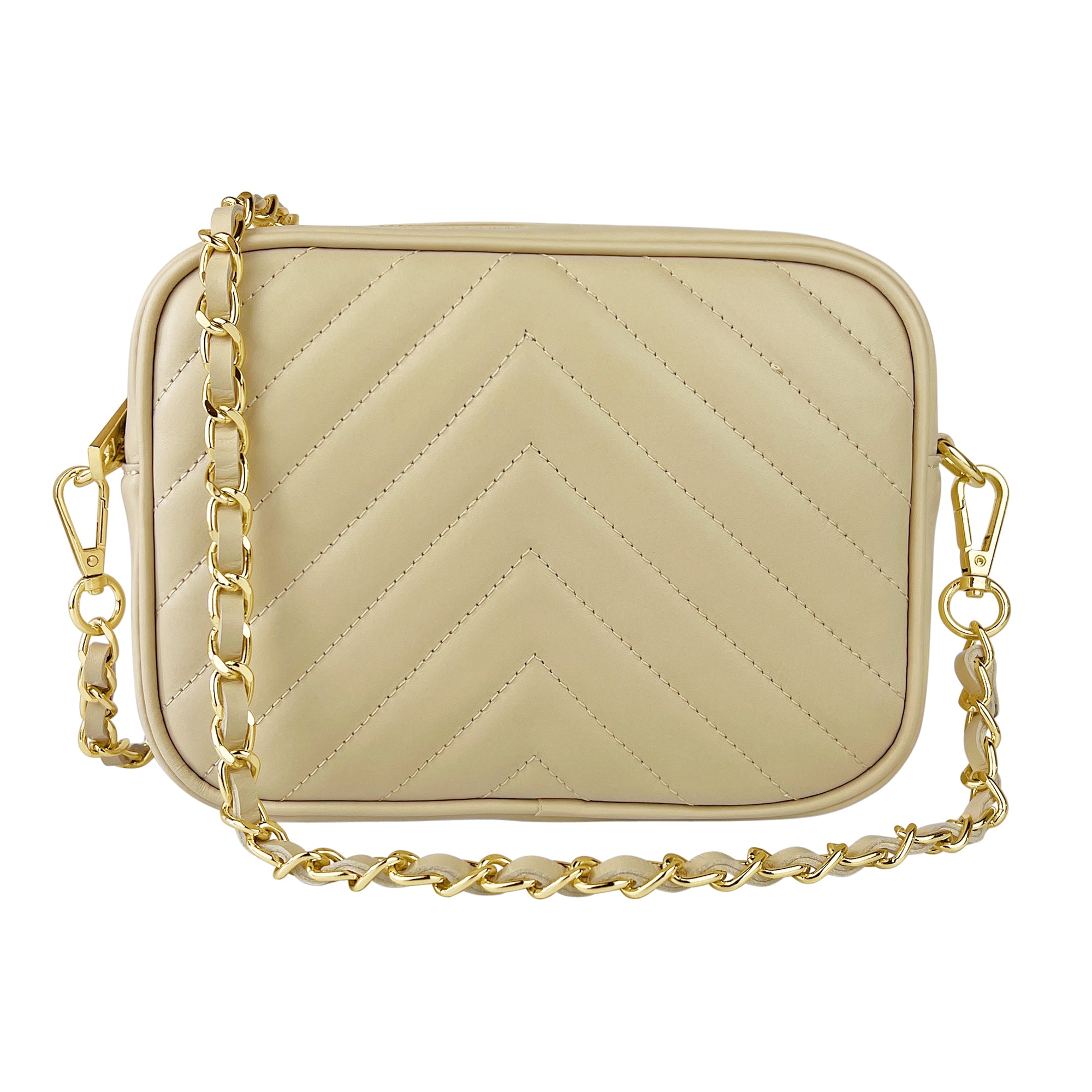 Borsa Donna a Tracolla, In Vera Pelle Trapuntata, Made in Italy, Modello Lola Beige
