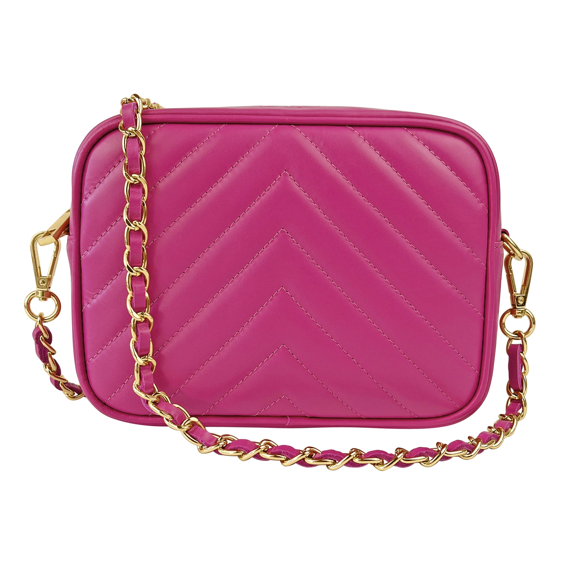 Borsa Donna a Tracolla, In Vera Pelle Trapuntata, Made in Italy, Modello Lola Fucsia