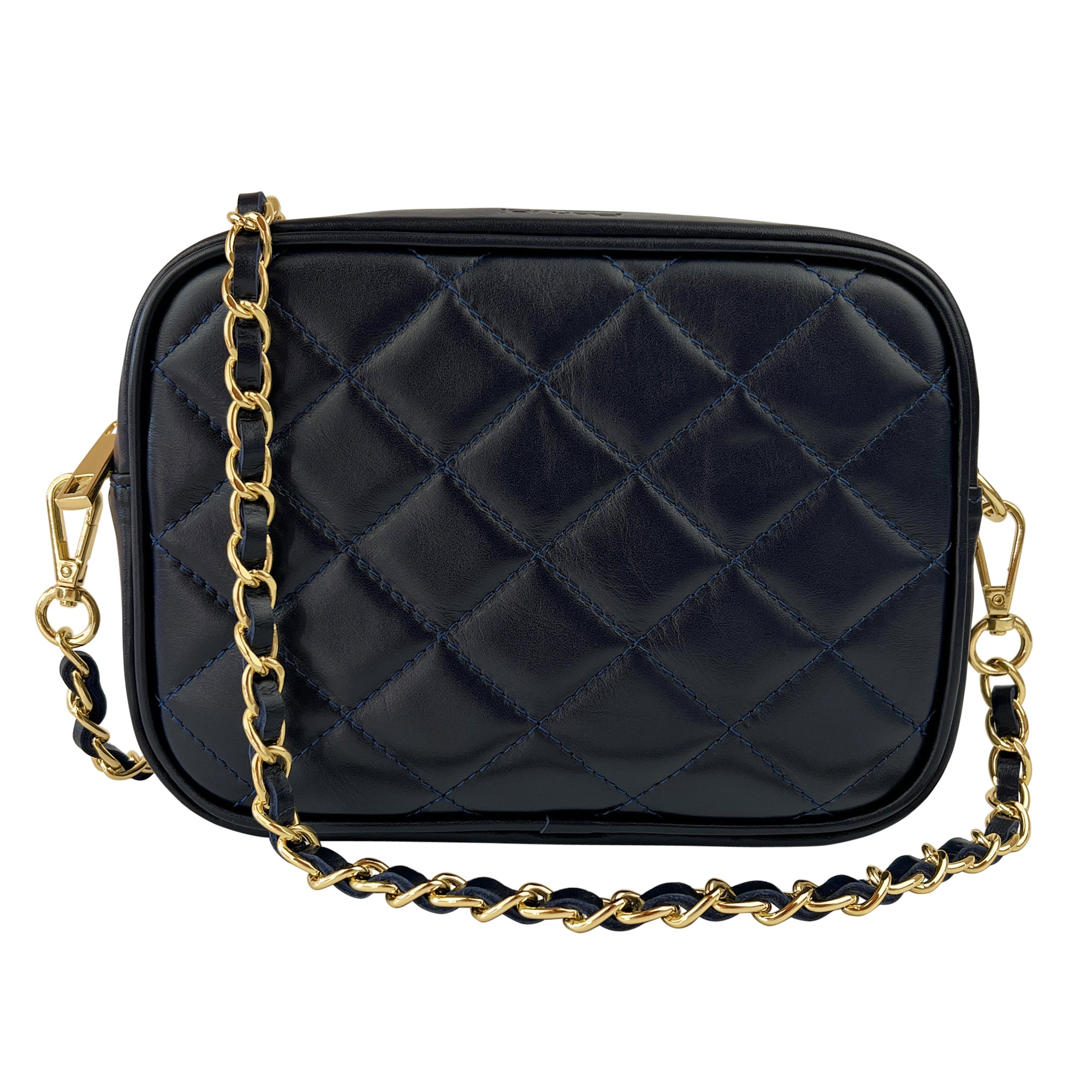 Borsa Donna a Tracolla, In Vera Pelle Trapuntata, Made in Italy, Modello Nora Blu Navy