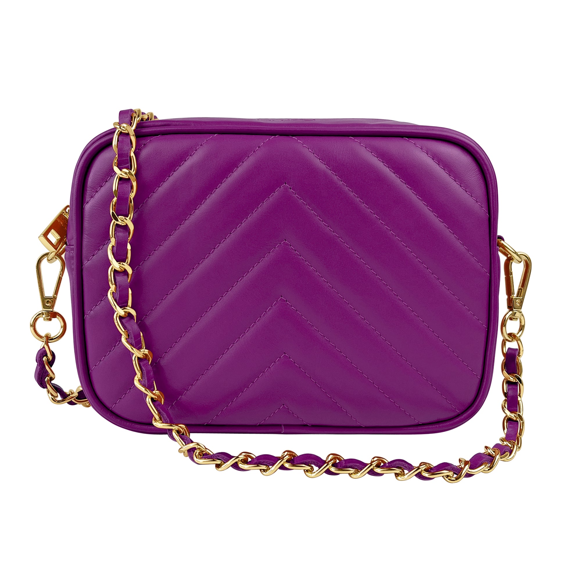 Borsa Donna a Tracolla, In Vera Pelle Trapuntata, Made in Italy, Modello Lola Viola Porpora