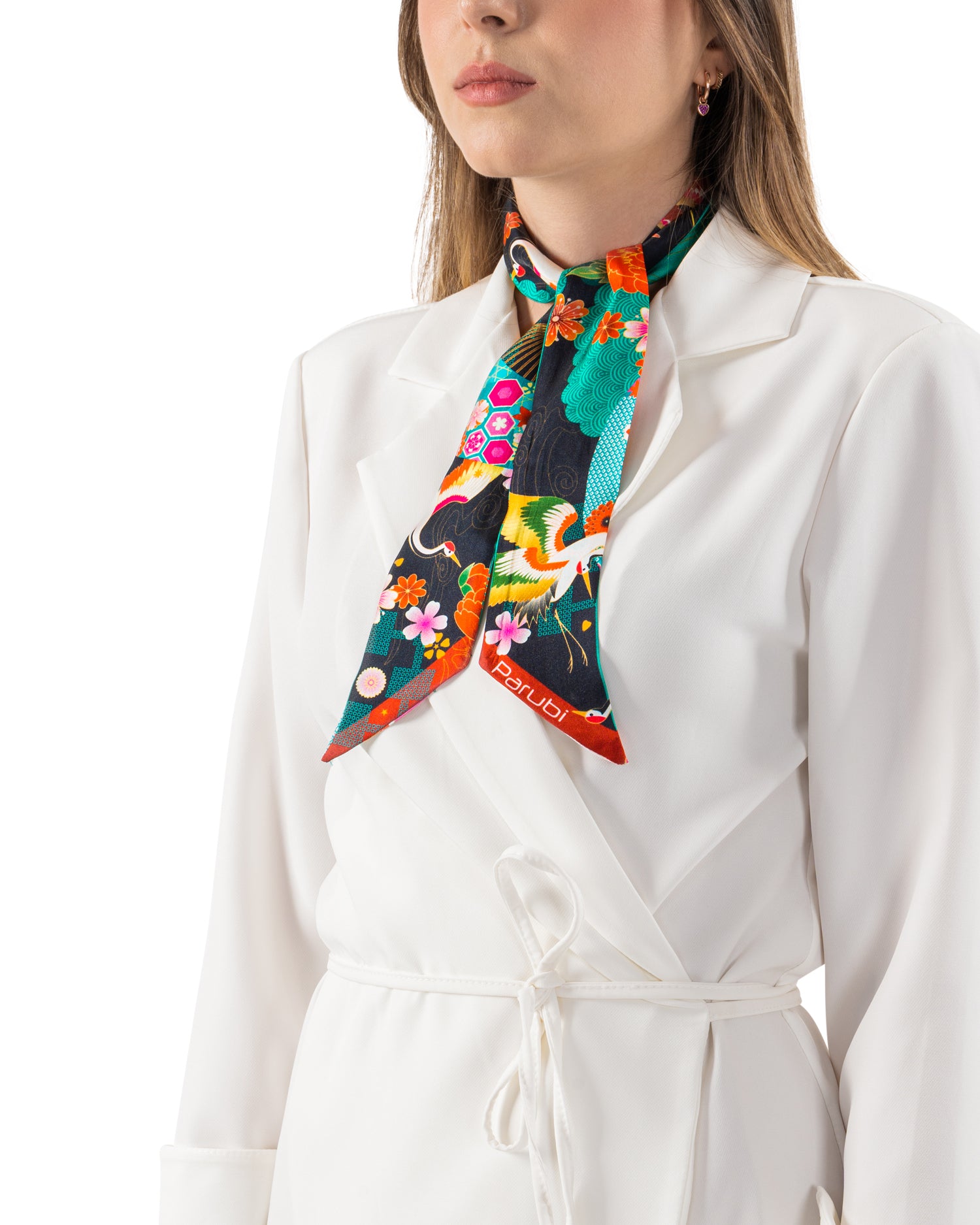 Fascia Donna, 100% Seta, Made in Italy, Stile Giardino, Rettangolare 6 x 90