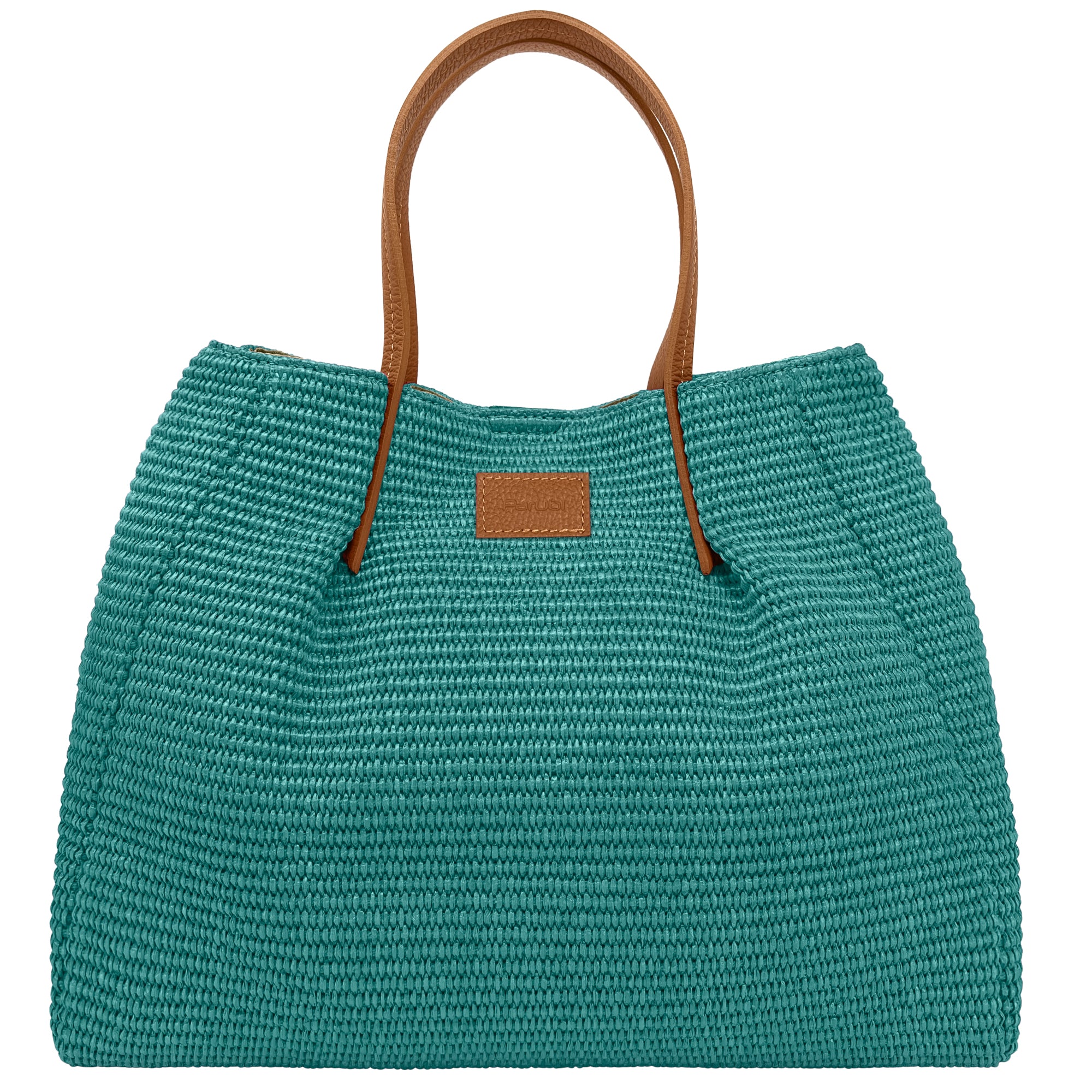 Borsa Donna a Mano con Tracolla, In Rafia e Vera Pelle, Made in Italy, Modello Lena Turchese
