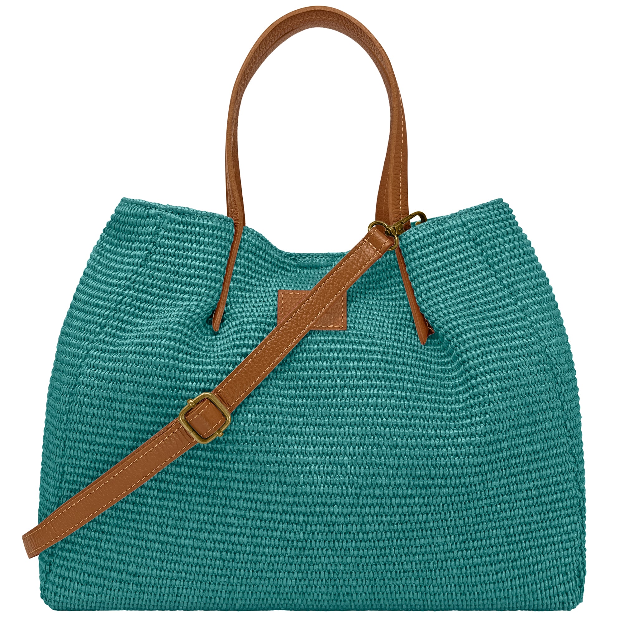 Borsa Donna a Mano con Tracolla, In Rafia e Vera Pelle, Made in Italy, Modello Lena