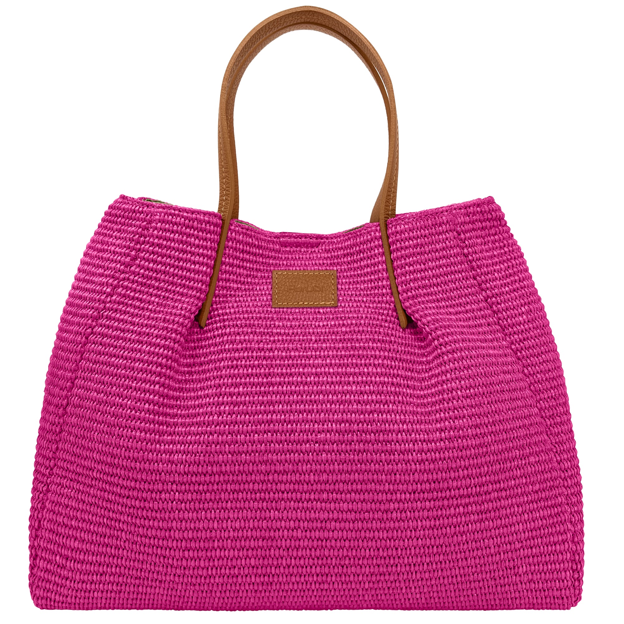 Borsa Donna a Mano con Tracolla, In Rafia e Vera Pelle, Made in Italy, Modello Lena Fucsia