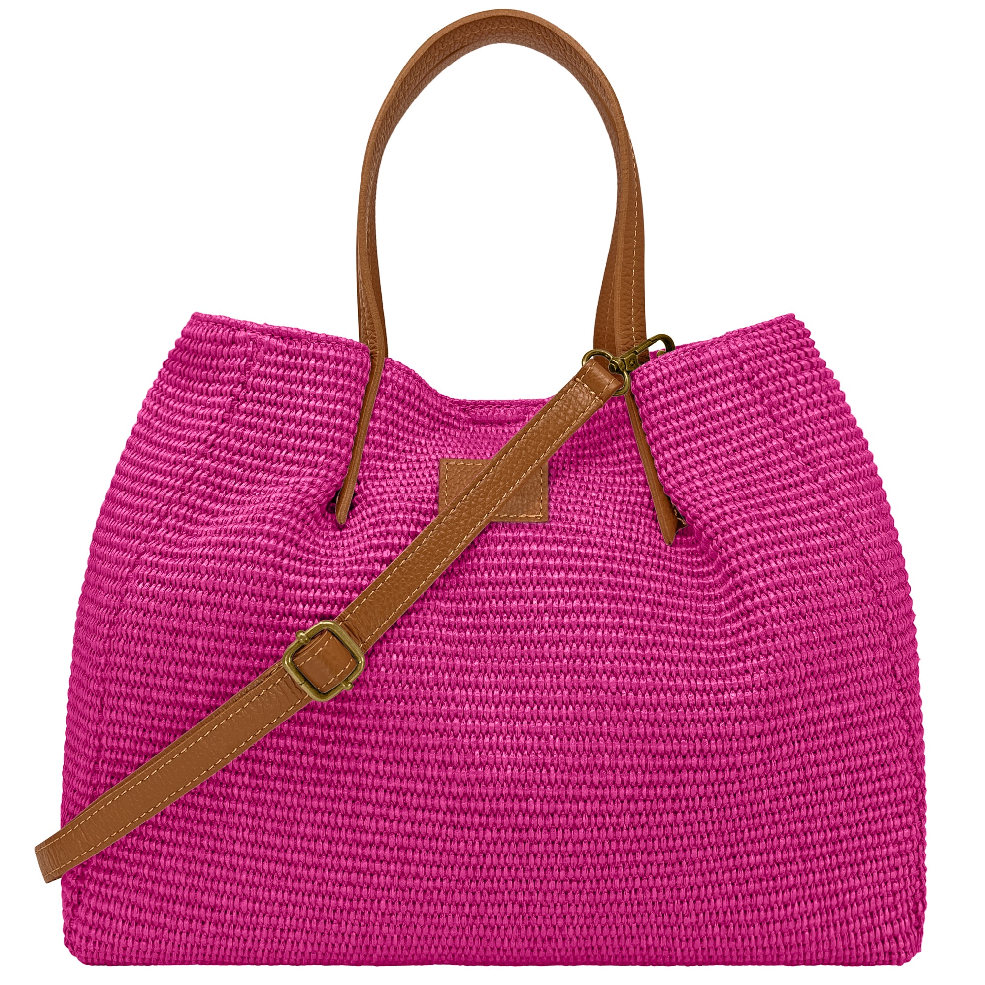 Borsa Donna a Mano con Tracolla, In Rafia e Vera Pelle, Made in Italy, Modello Lena