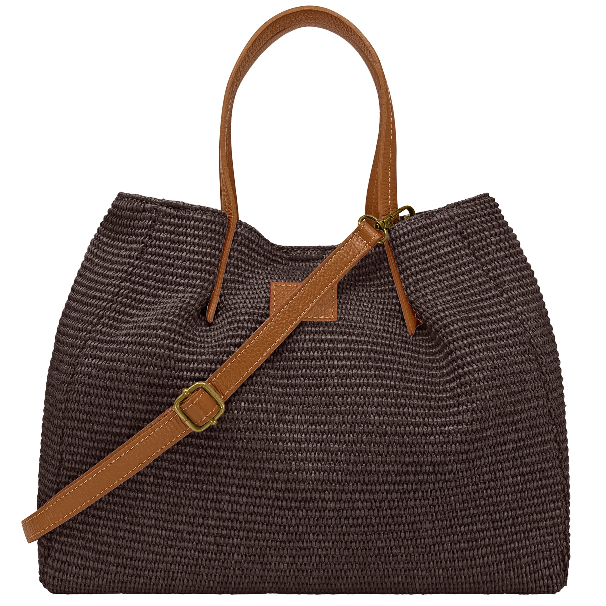 Borsa Donna a Mano con Tracolla, In Rafia e Vera Pelle, Made in Italy, Modello Lena