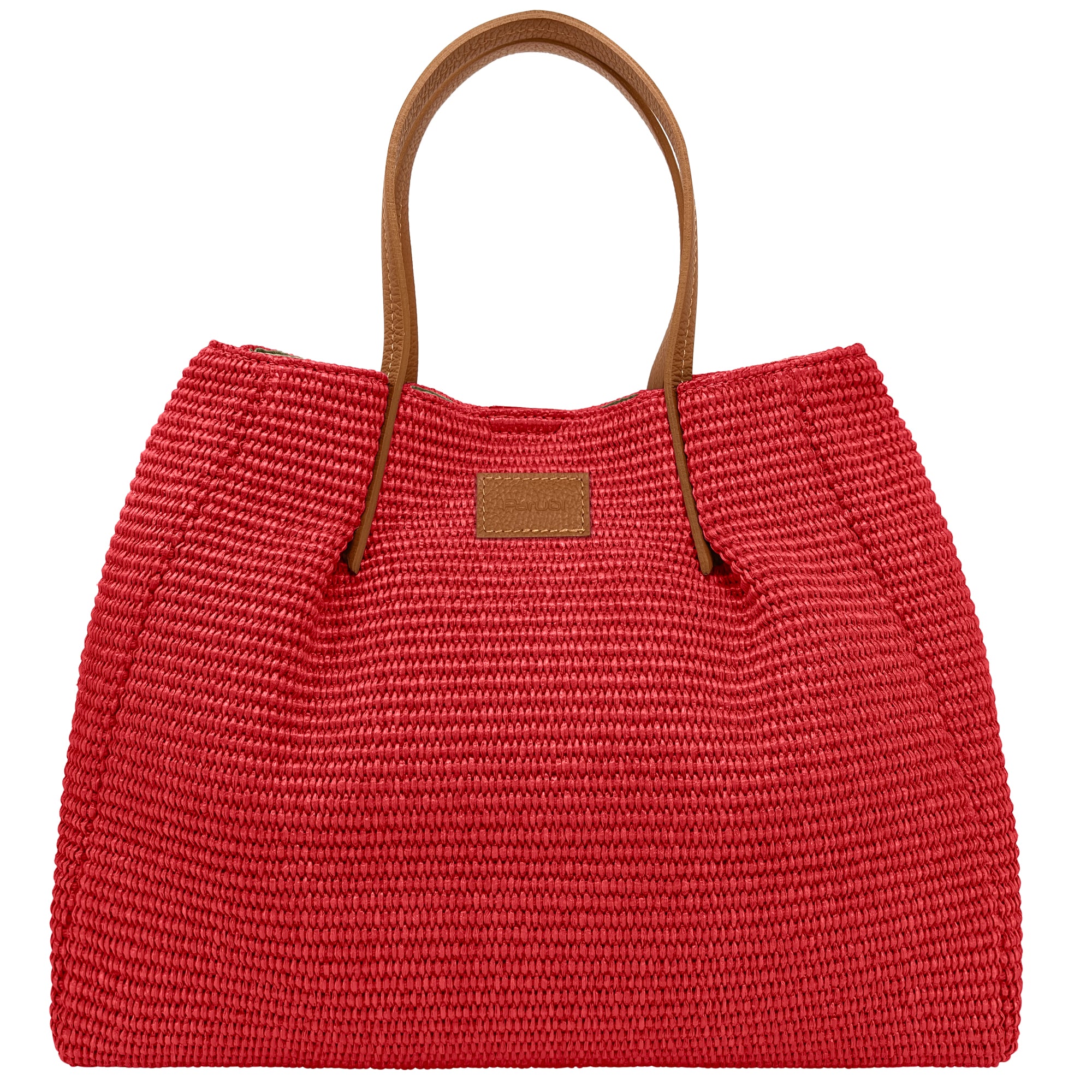 Borsa Donna a Mano con Tracolla, In Rafia e Vera Pelle, Made in Italy, Modello Lena Rosso