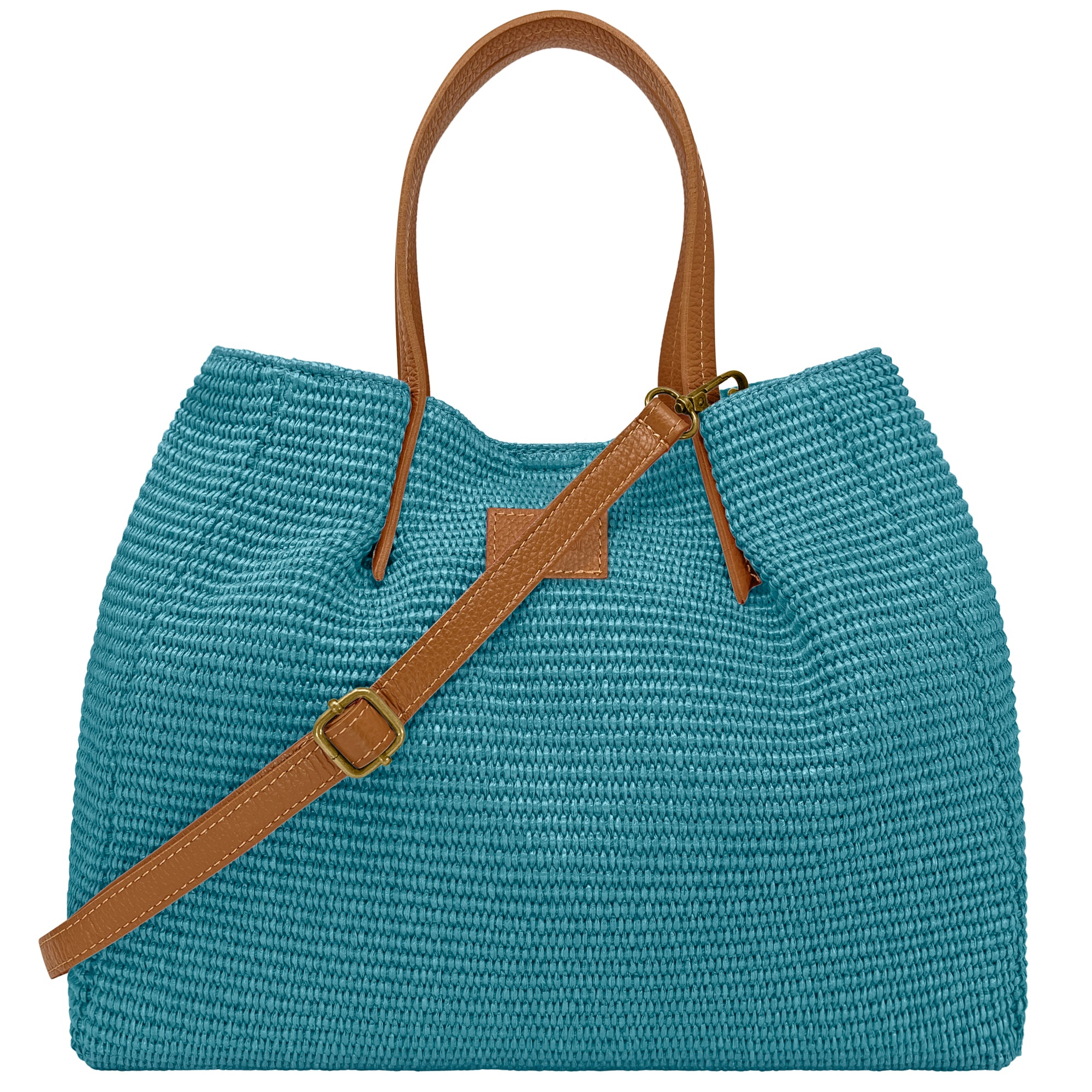 Borsa Donna a Mano con Tracolla, In Rafia e Vera Pelle, Made in Italy, Modello Lena