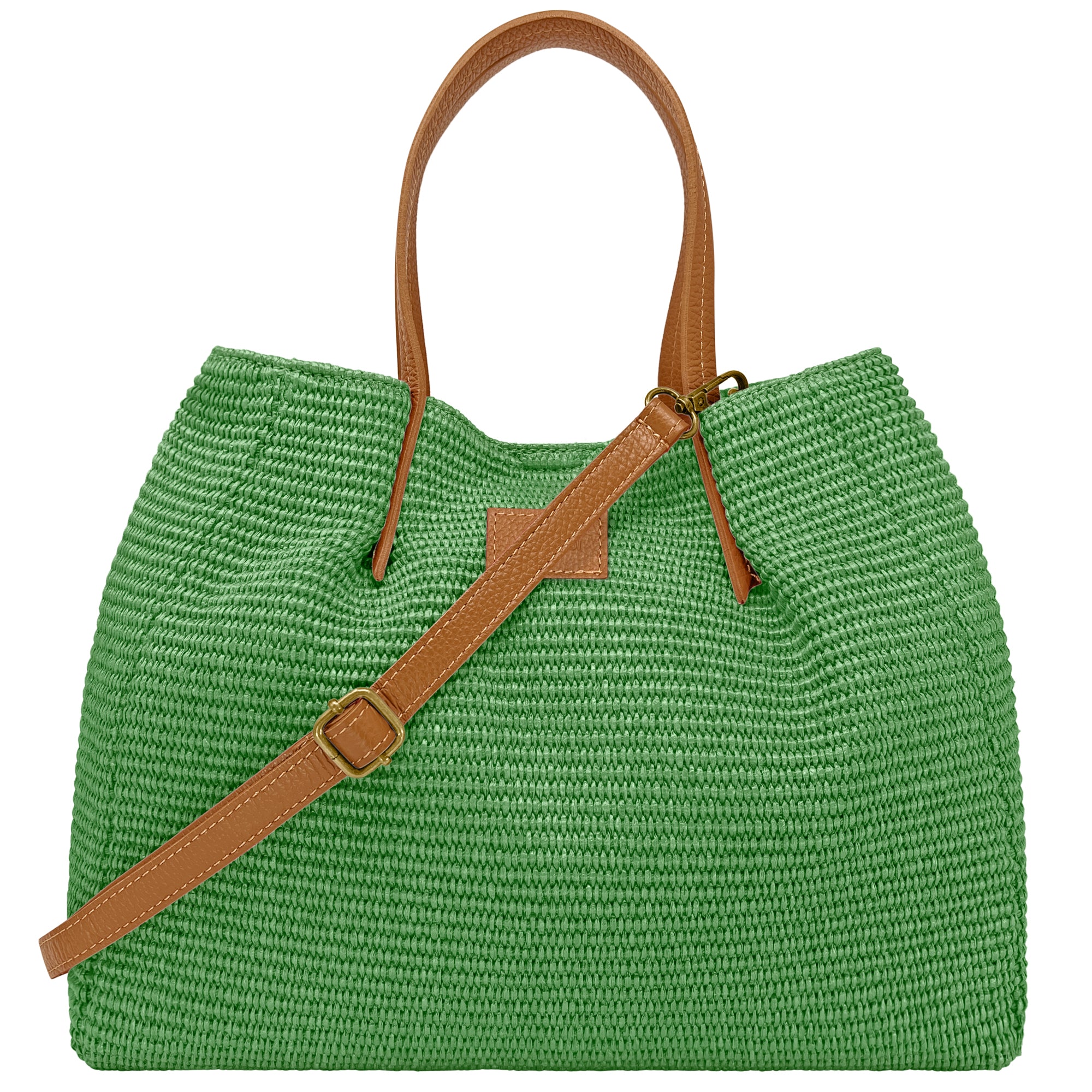 Borsa Donna a Mano con Tracolla, In Rafia e Vera Pelle, Made in Italy, Modello Lena