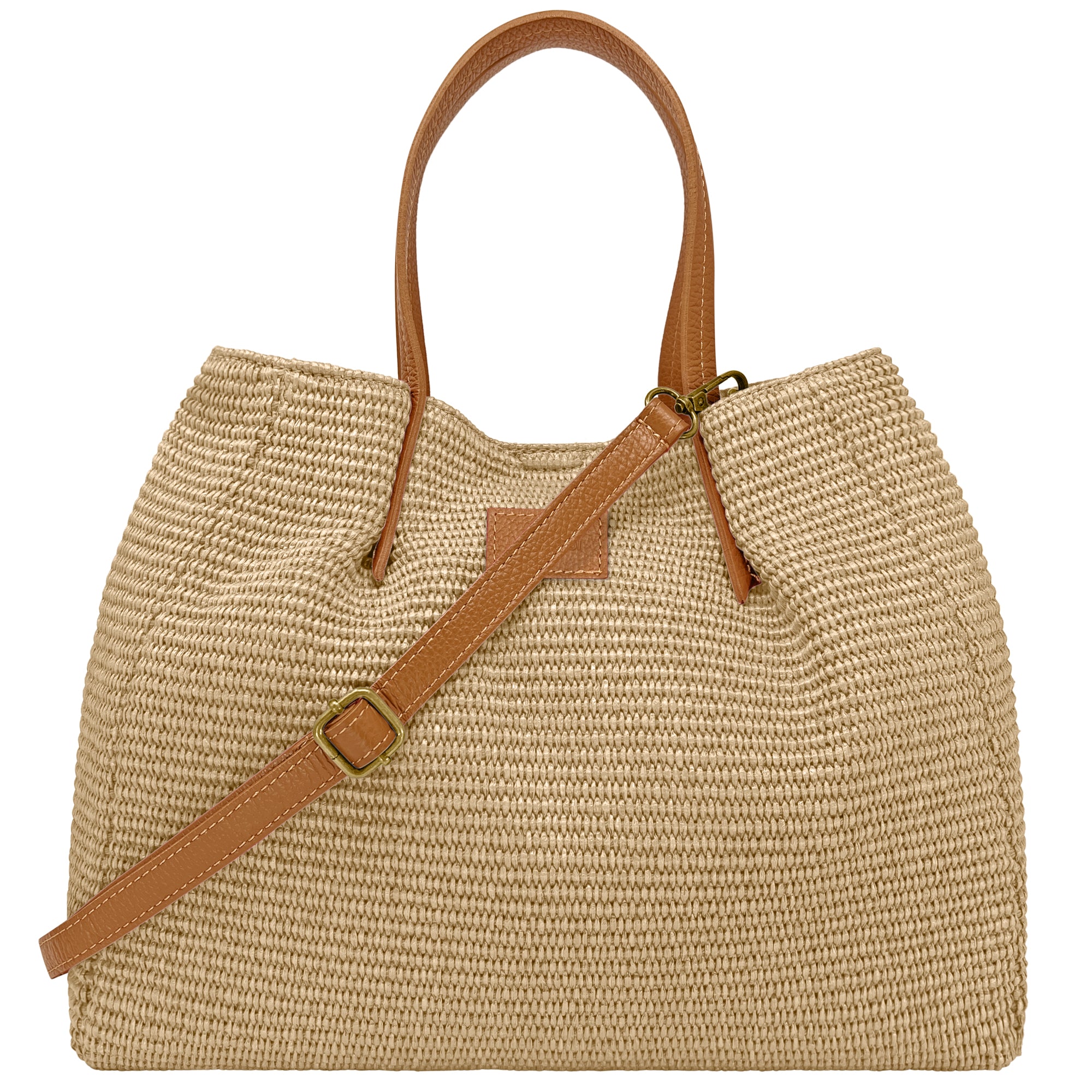 Borsa Donna a Mano con Tracolla, In Rafia e Vera Pelle, Made in Italy, Modello Lena Sabbia