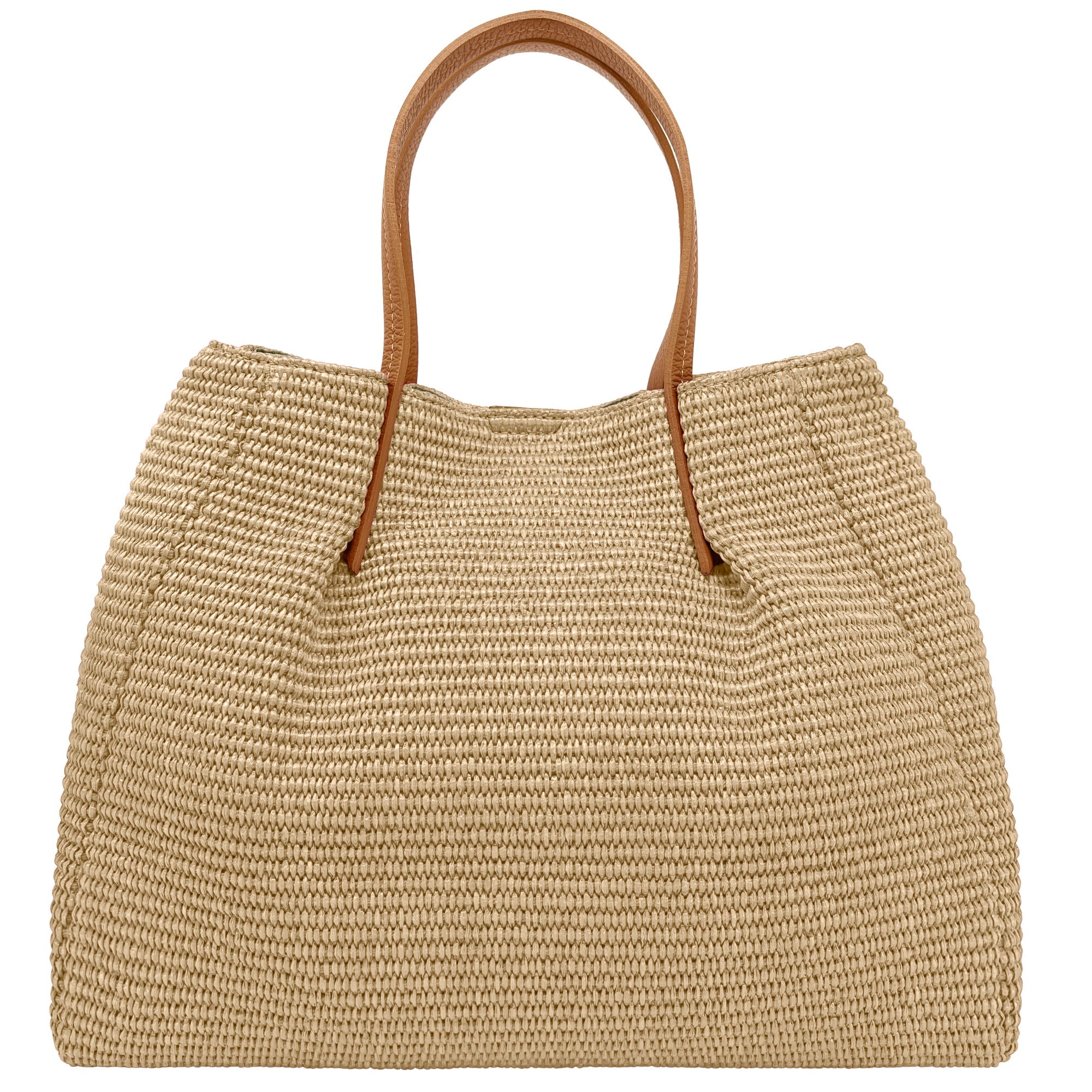 Borsa Donna a Mano con Tracolla, In Rafia e Vera Pelle, Made in Italy, Modello Lena
