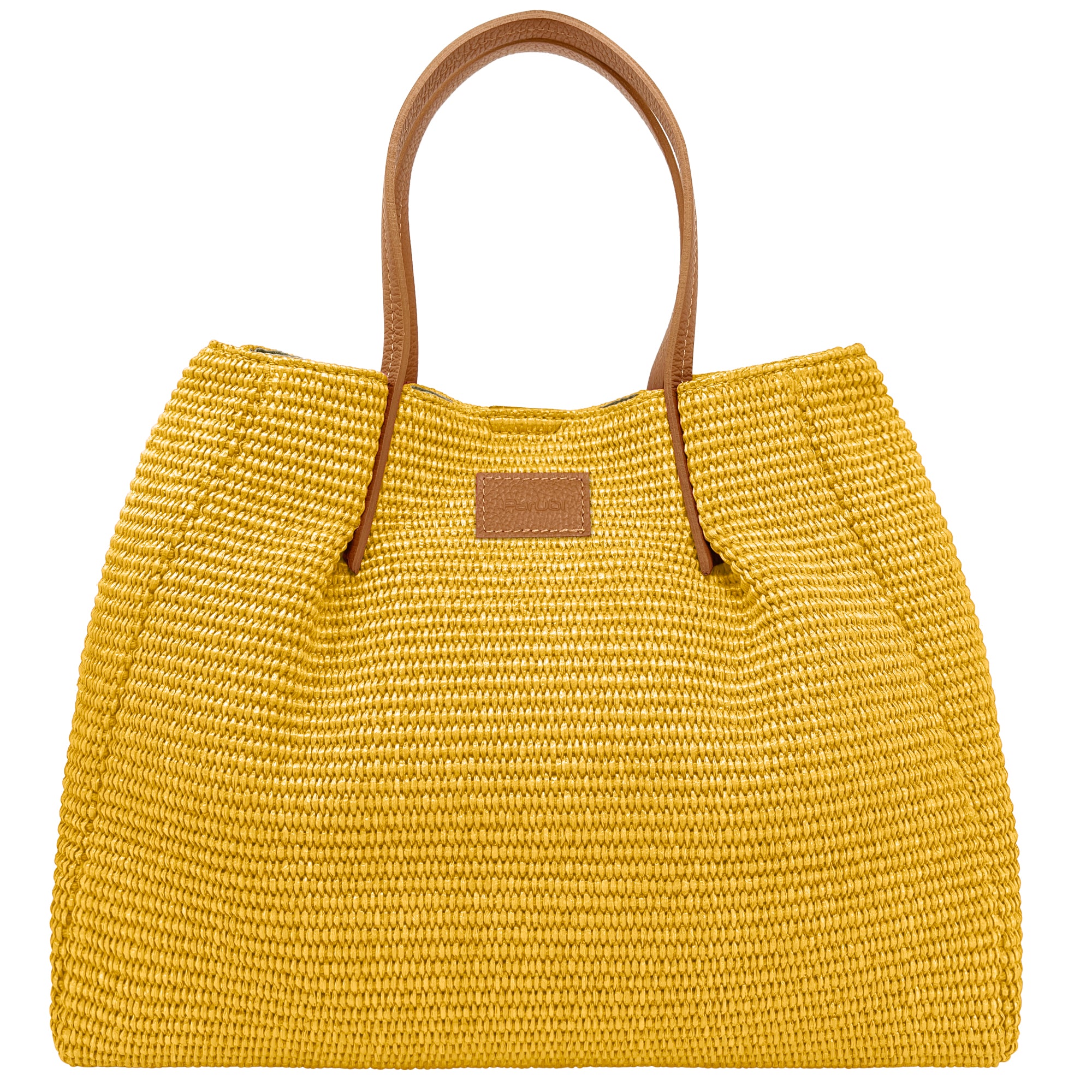 Borsa Donna a Mano con Tracolla, In Rafia e Vera Pelle, Made in Italy, Modello Lena Giallo