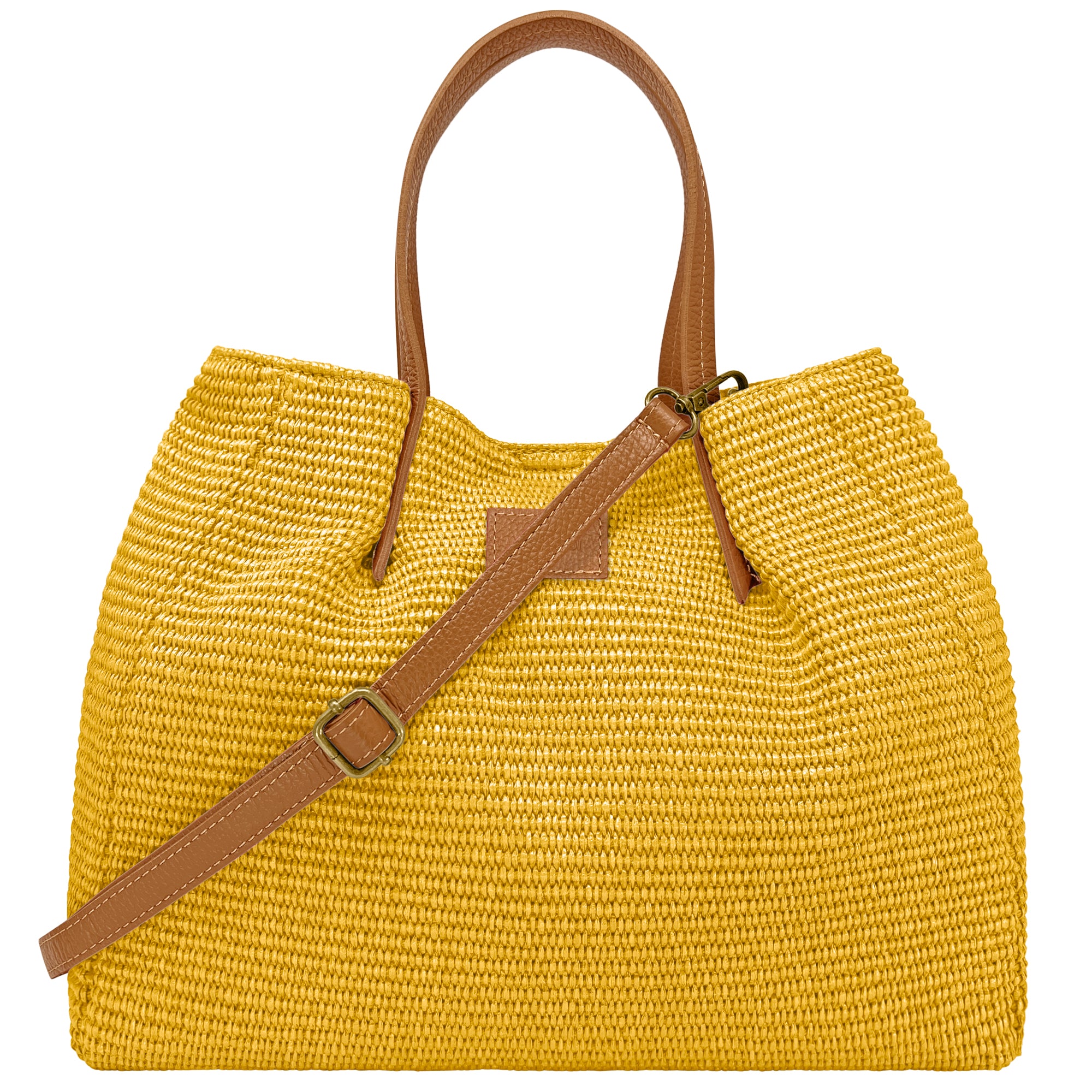 Borsa Donna a Mano con Tracolla, In Rafia e Vera Pelle, Made in Italy, Modello Lena