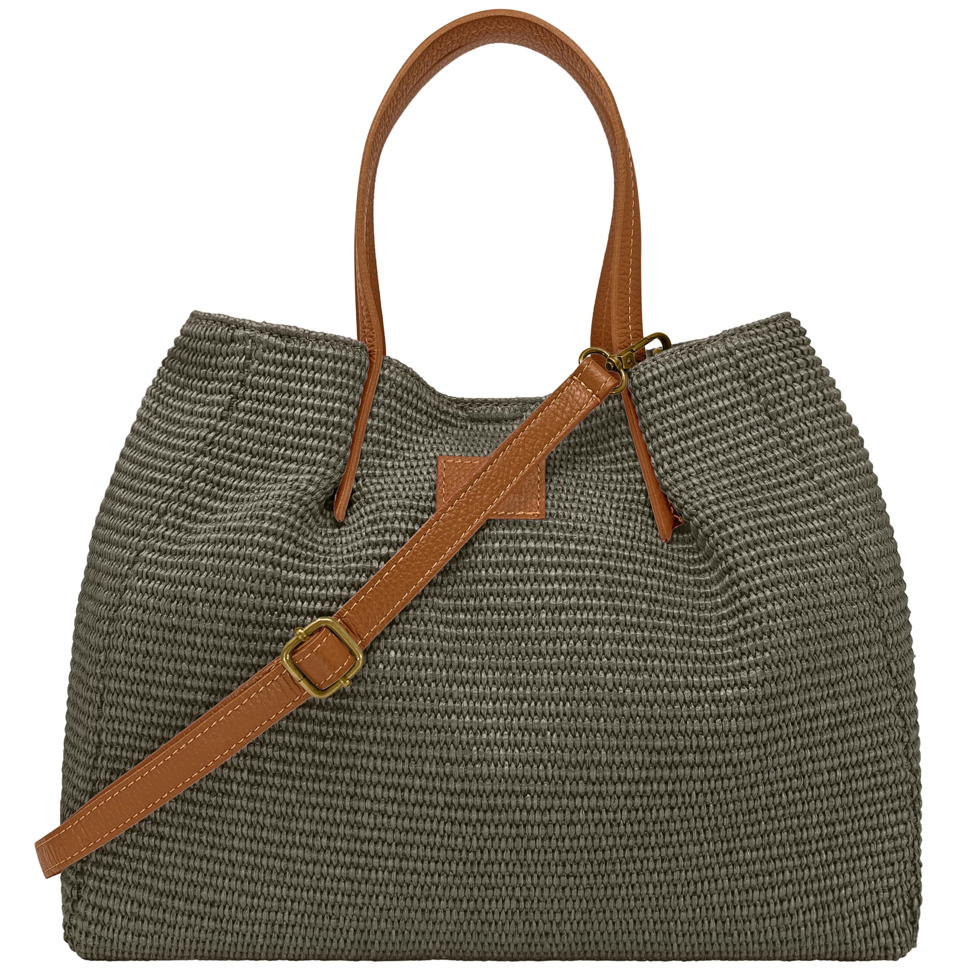Borsa Donna a Mano con Tracolla, In Rafia e Vera Pelle, Made in Italy, Modello Lena