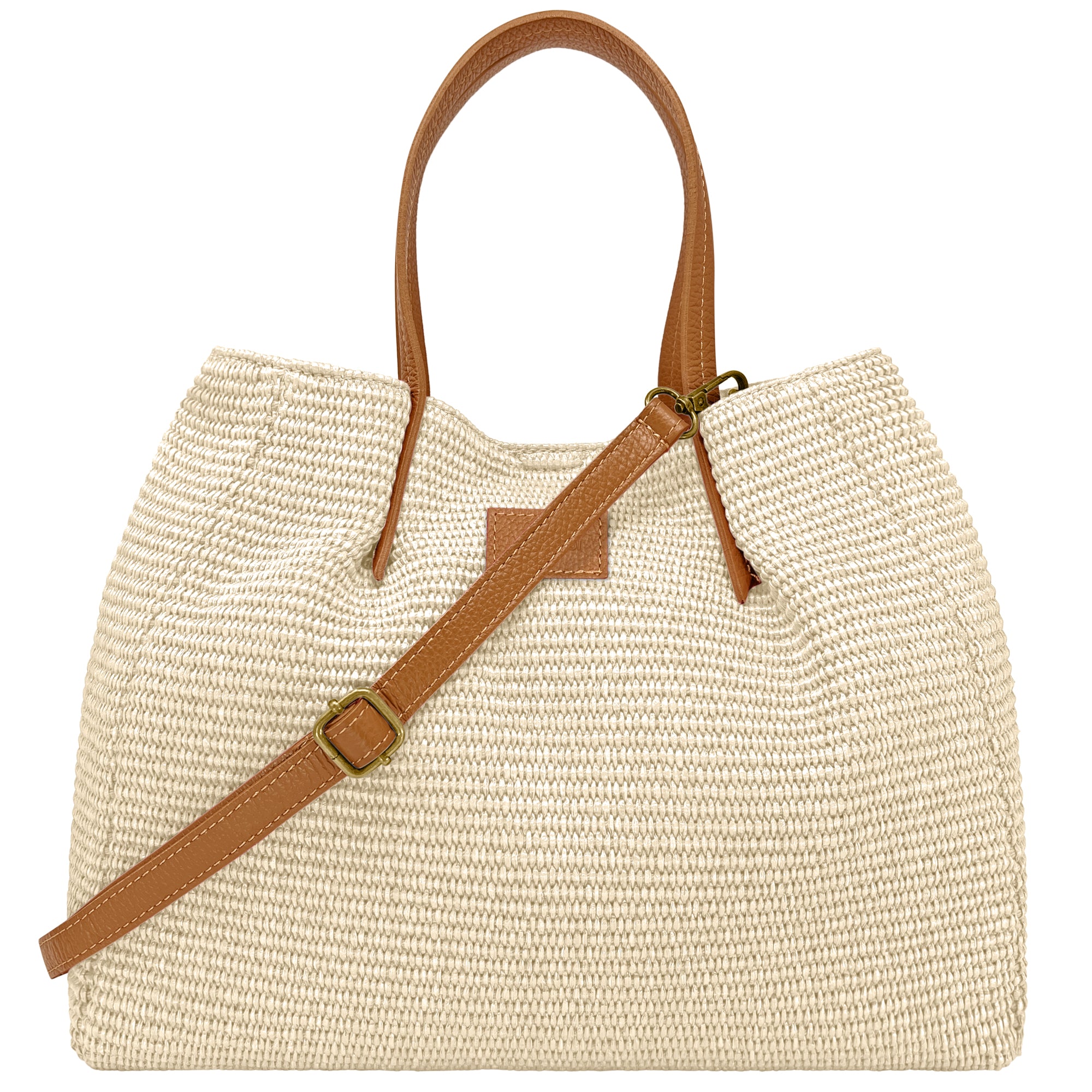 Borsa Donna a Mano con Tracolla, In Rafia e Vera Pelle, Made in Italy, Modello Lena