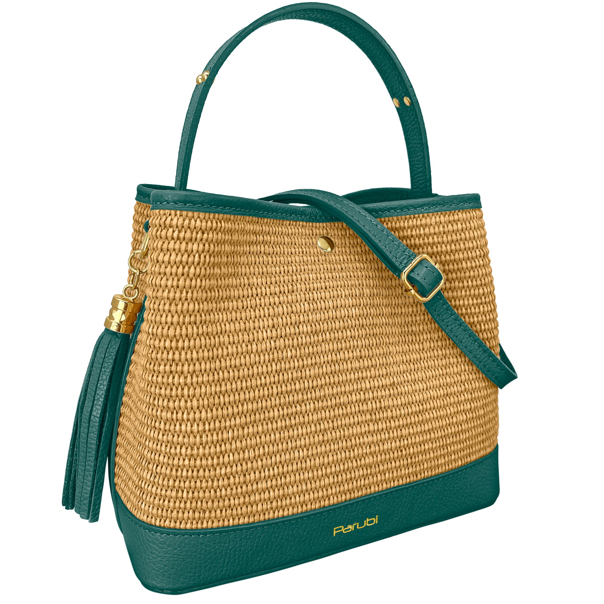 Borsa Secchiello Donna a Mano con Tracolla, In Vera Pelle e Rafia Naturale, Made in Italy, Modello Elide