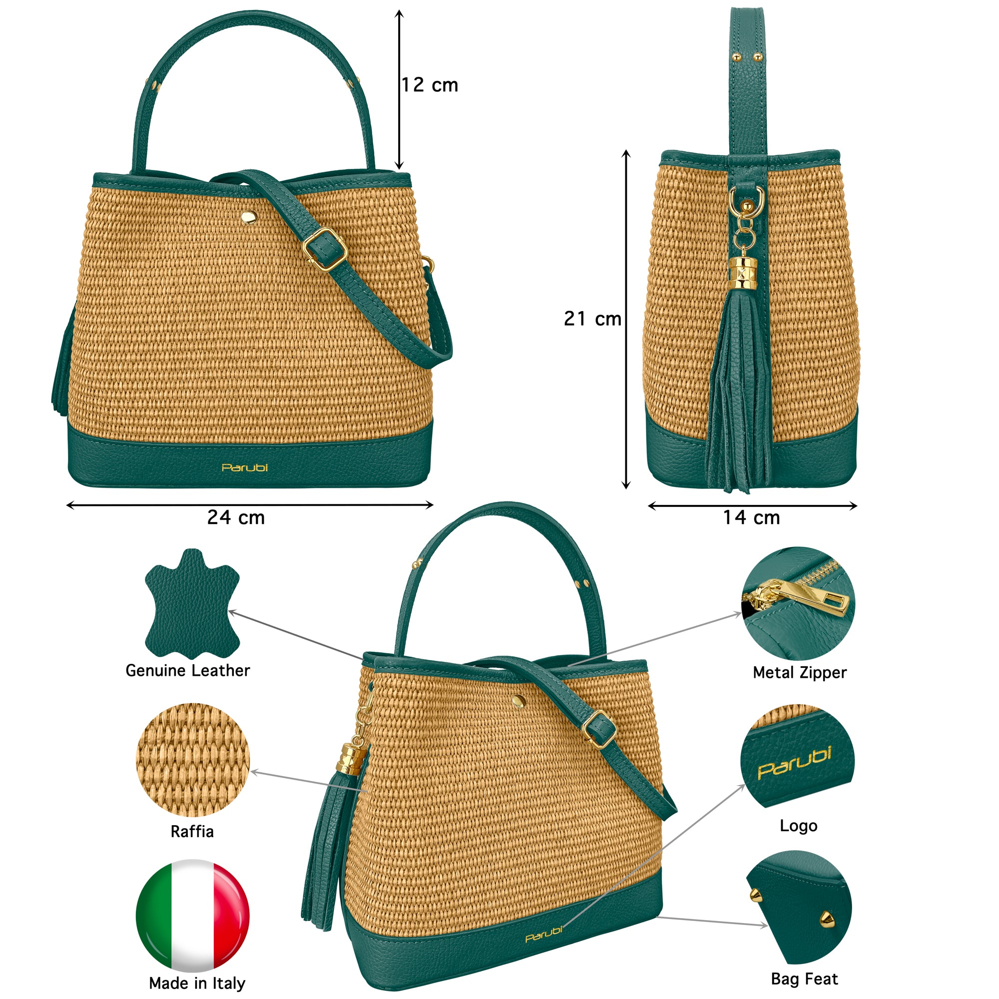 Borsa Secchiello Donna a Mano con Tracolla, In Vera Pelle e Rafia Naturale, Made in Italy, Modello Elide