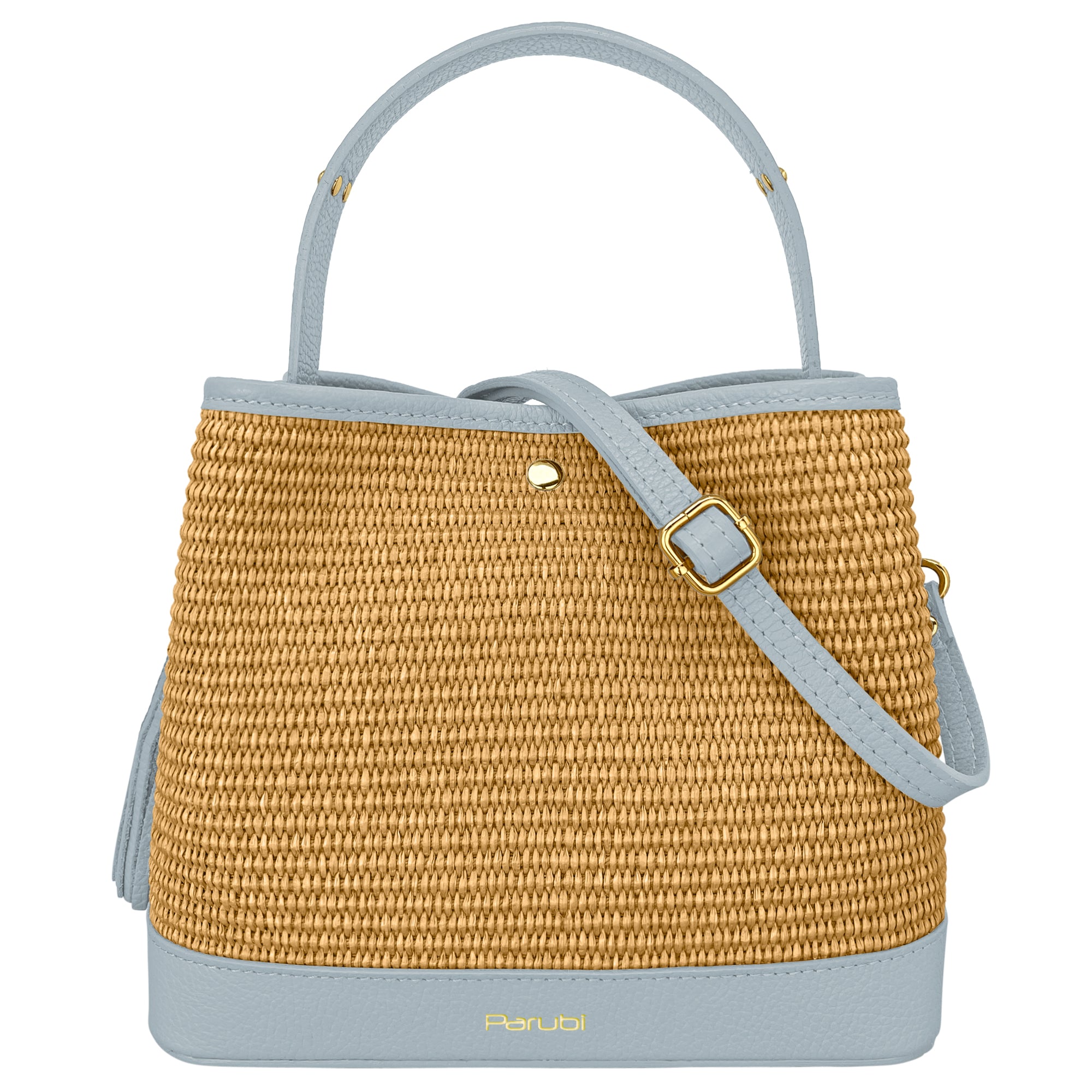 Borsa Secchiello Donna a Mano con Tracolla, In Vera Pelle e Rafia Naturale, Made in Italy, Modello Elide Celeste