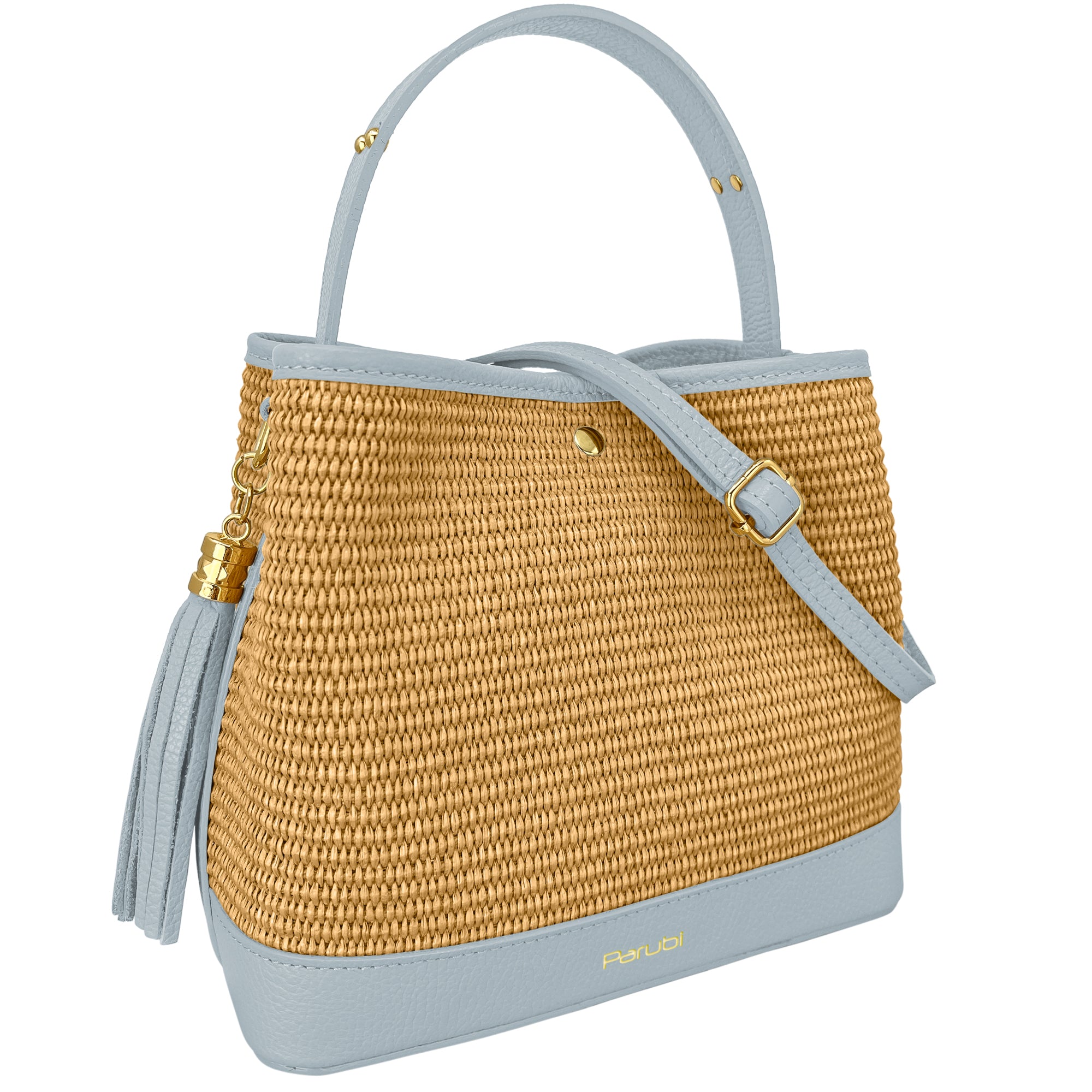 Borsa Secchiello Donna a Mano con Tracolla, In Vera Pelle e Rafia Naturale, Made in Italy, Modello Elide