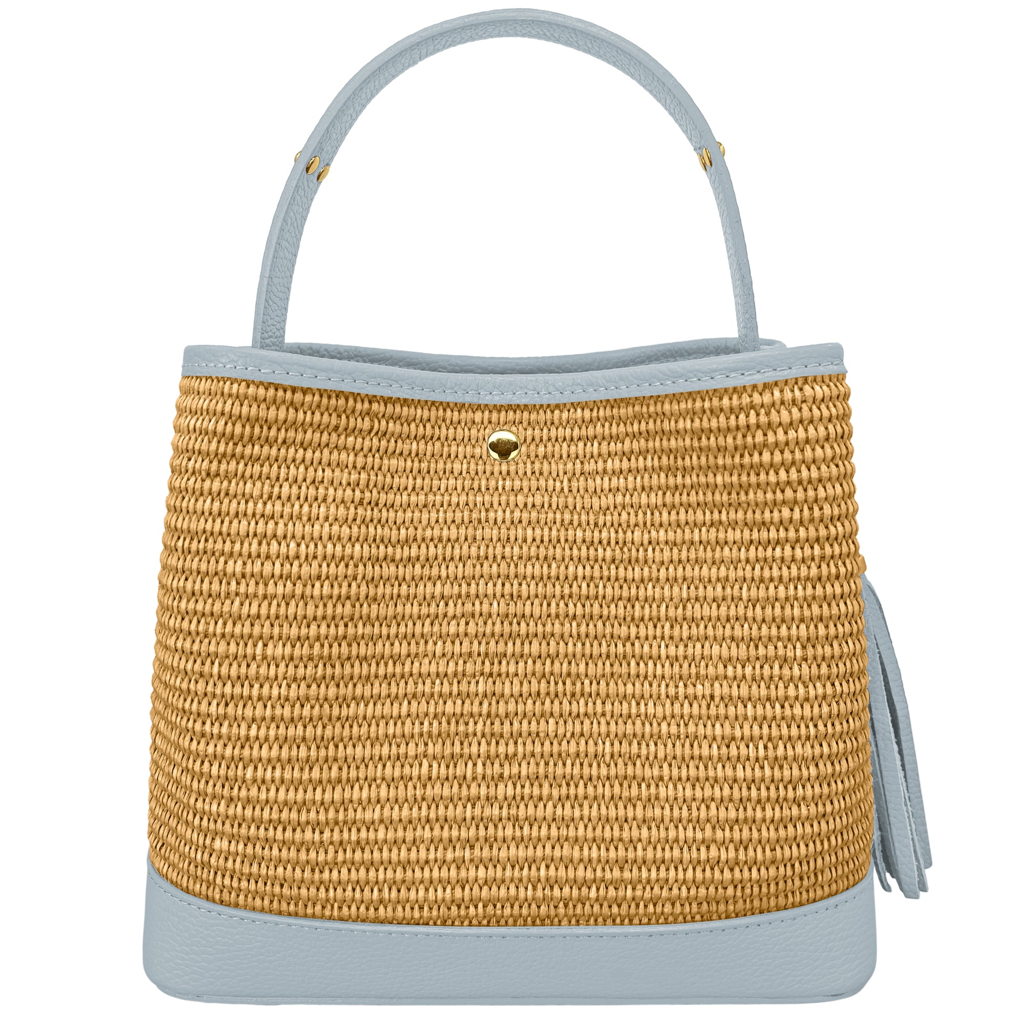 Borsa Secchiello Donna a Mano con Tracolla, In Vera Pelle e Rafia Naturale, Made in Italy, Modello Elide