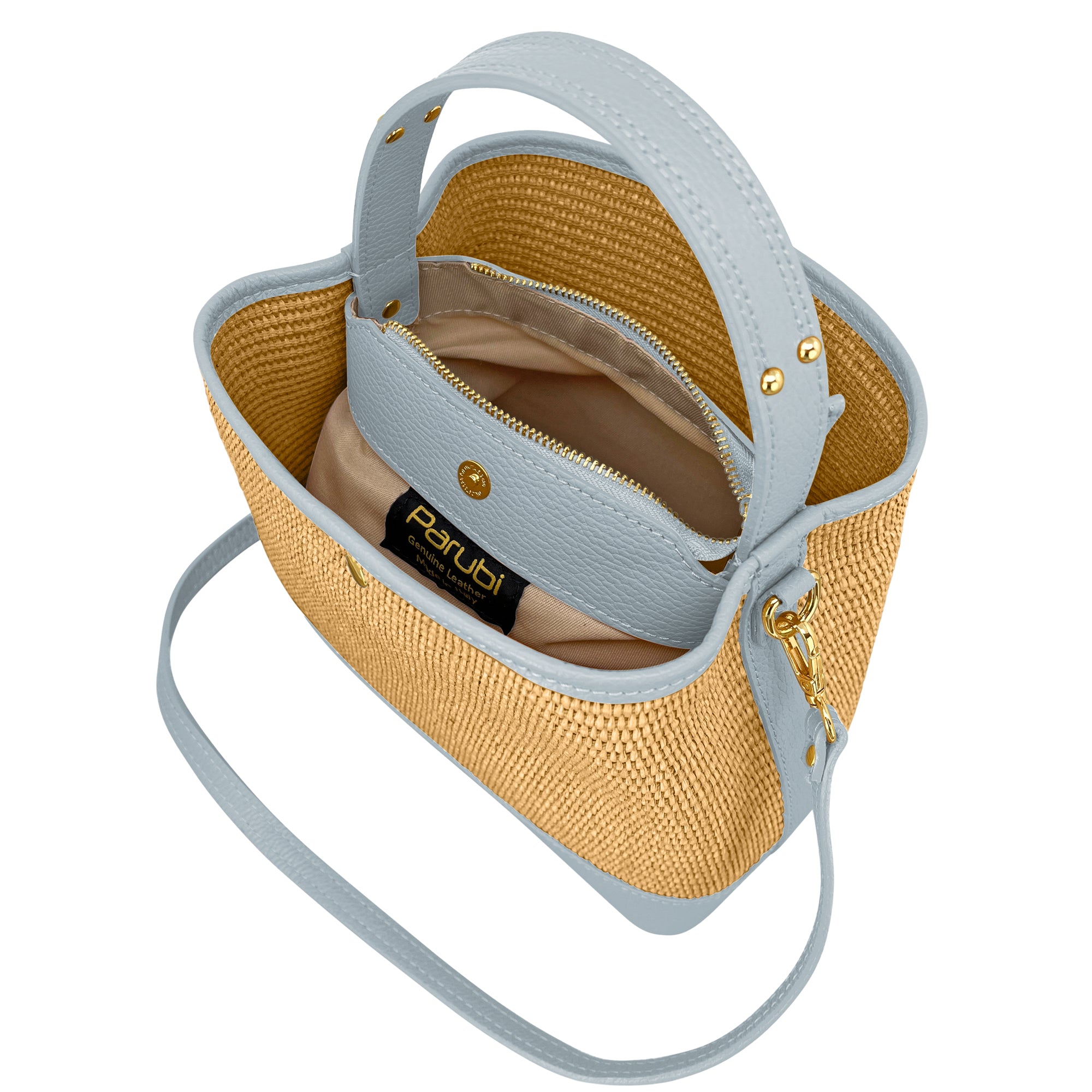 Borsa Secchiello Donna a Mano con Tracolla, In Vera Pelle e Rafia Naturale, Made in Italy, Modello Elide