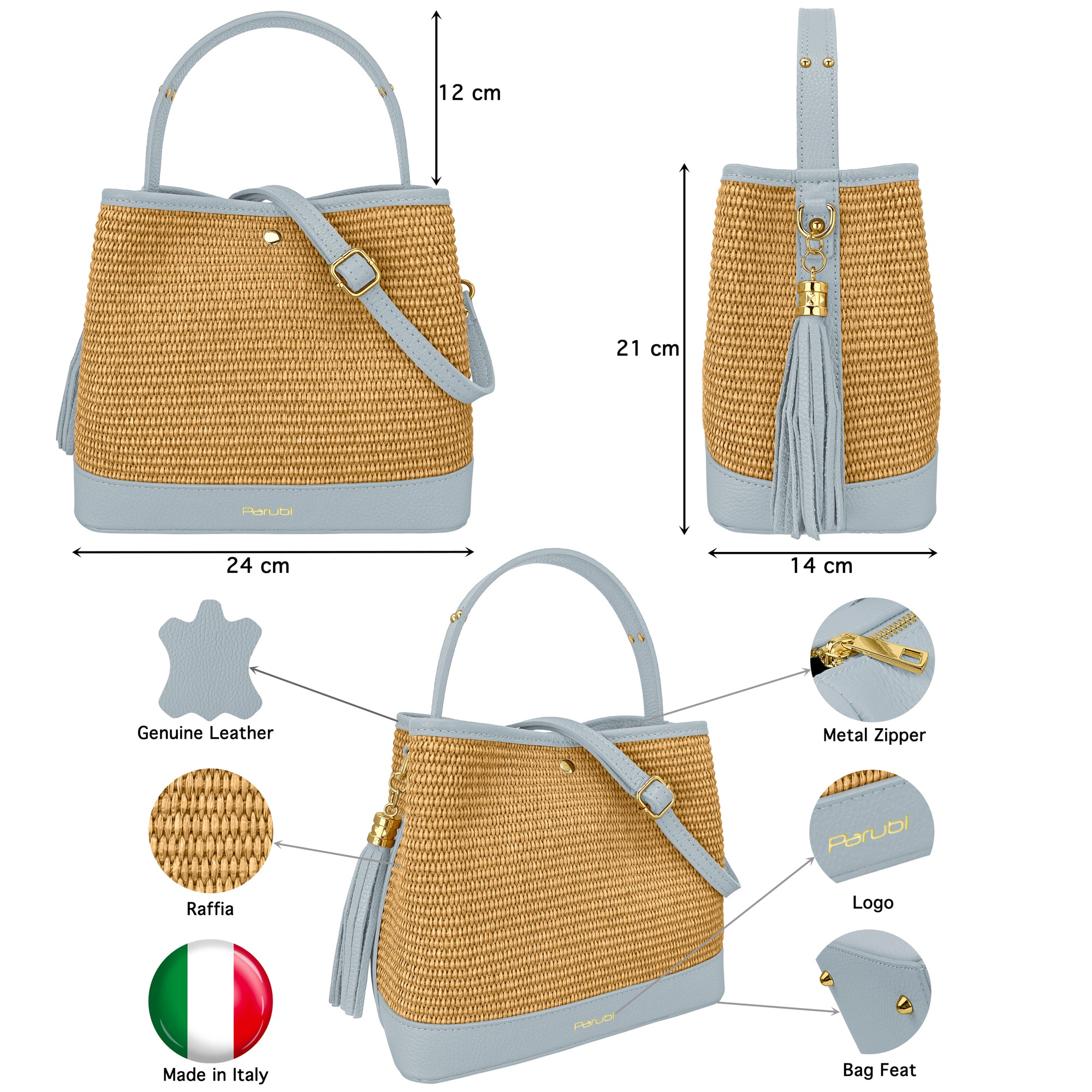 Borsa Secchiello Donna a Mano con Tracolla, In Vera Pelle e Rafia Naturale, Made in Italy, Modello Elide