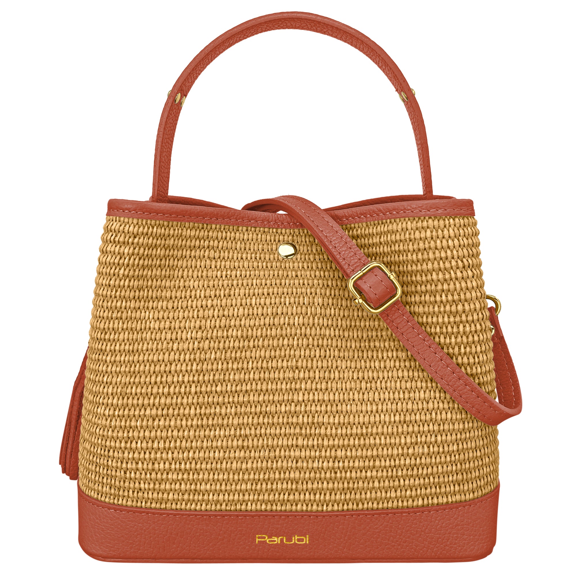 Borsa Secchiello Donna a Mano con Tracolla, In Vera Pelle e Rafia Naturale, Made in Italy, Modello Elide Rosso Mattone