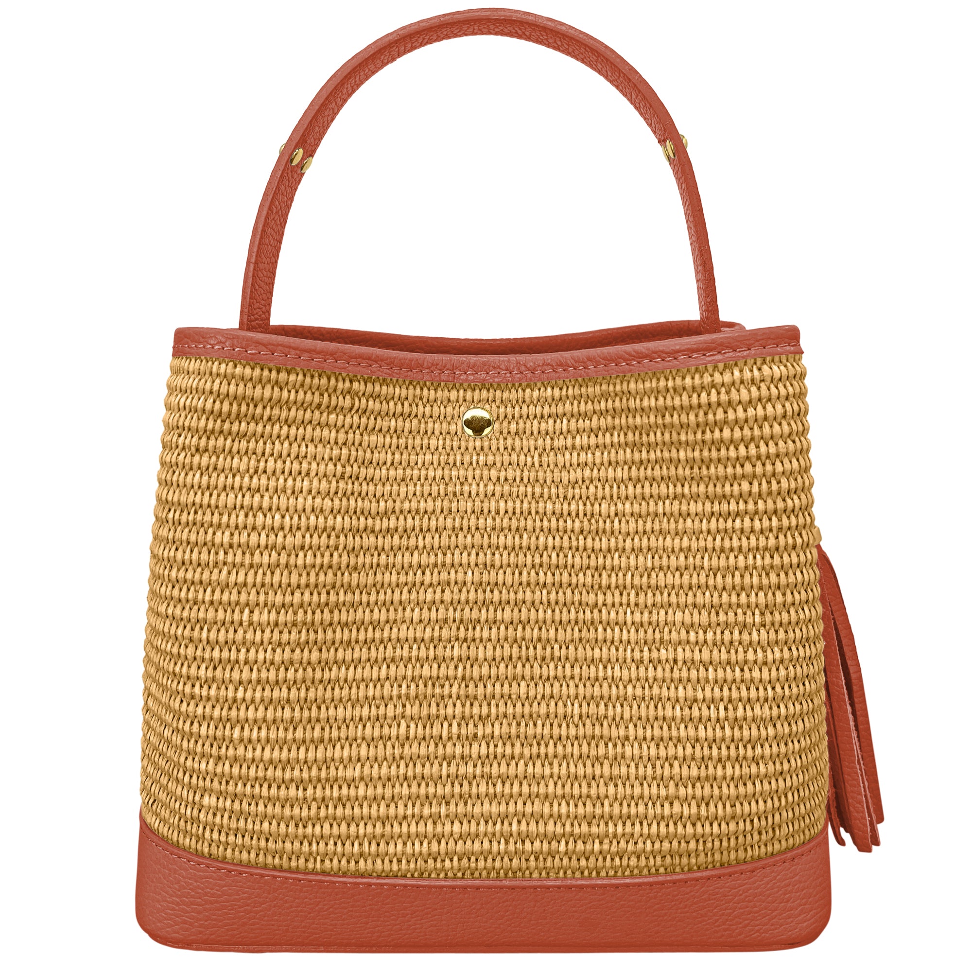 Borsa Secchiello Donna a Mano con Tracolla, In Vera Pelle e Rafia Naturale, Made in Italy, Modello Elide