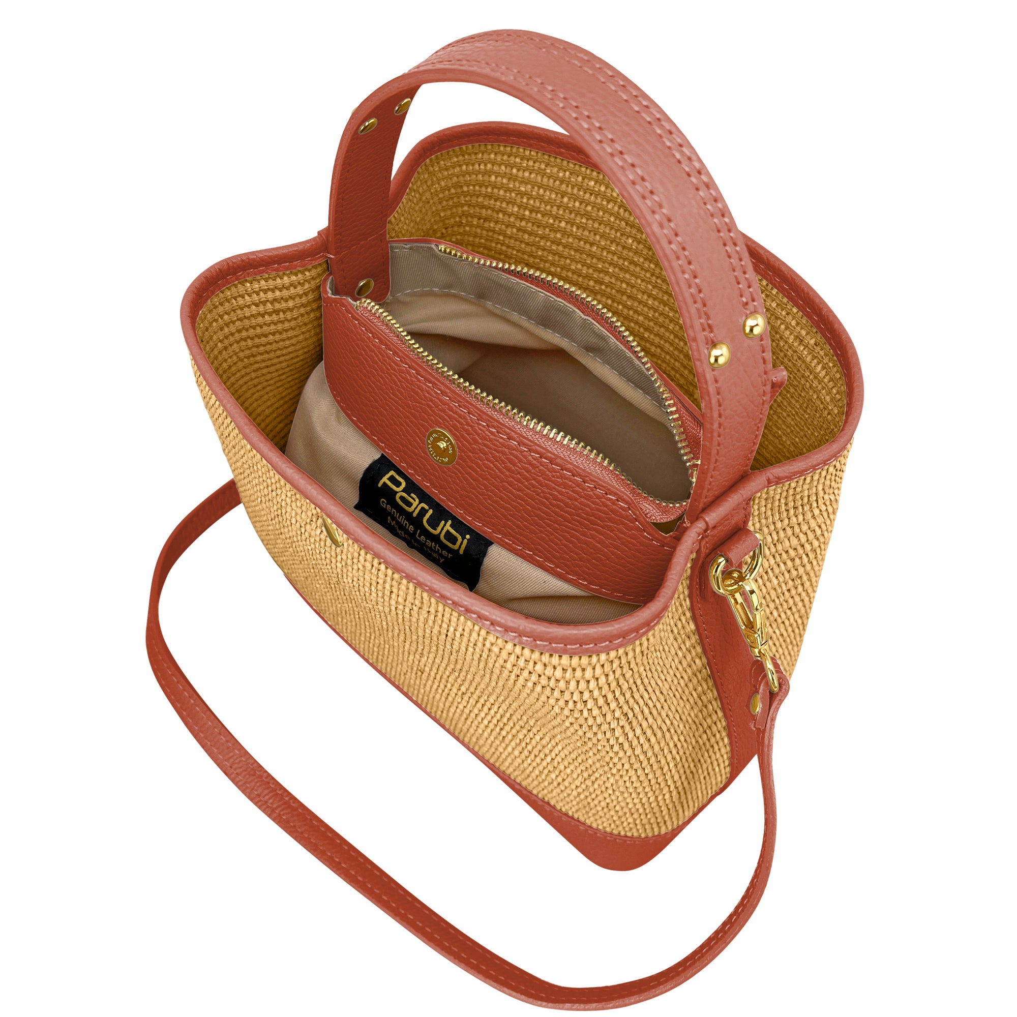 Borsa Secchiello Donna a Mano con Tracolla, In Vera Pelle e Rafia Naturale, Made in Italy, Modello Elide