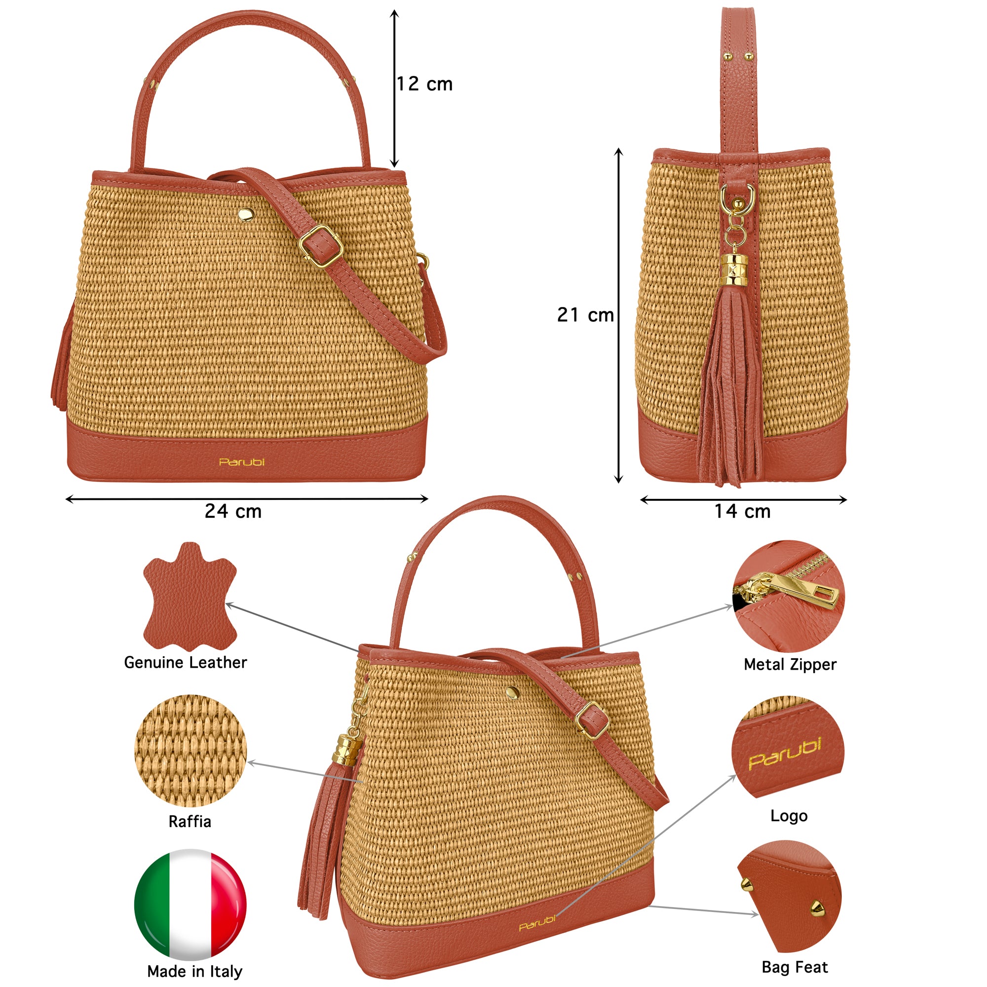Borsa Secchiello Donna a Mano con Tracolla, In Vera Pelle e Rafia Naturale, Made in Italy, Modello Elide