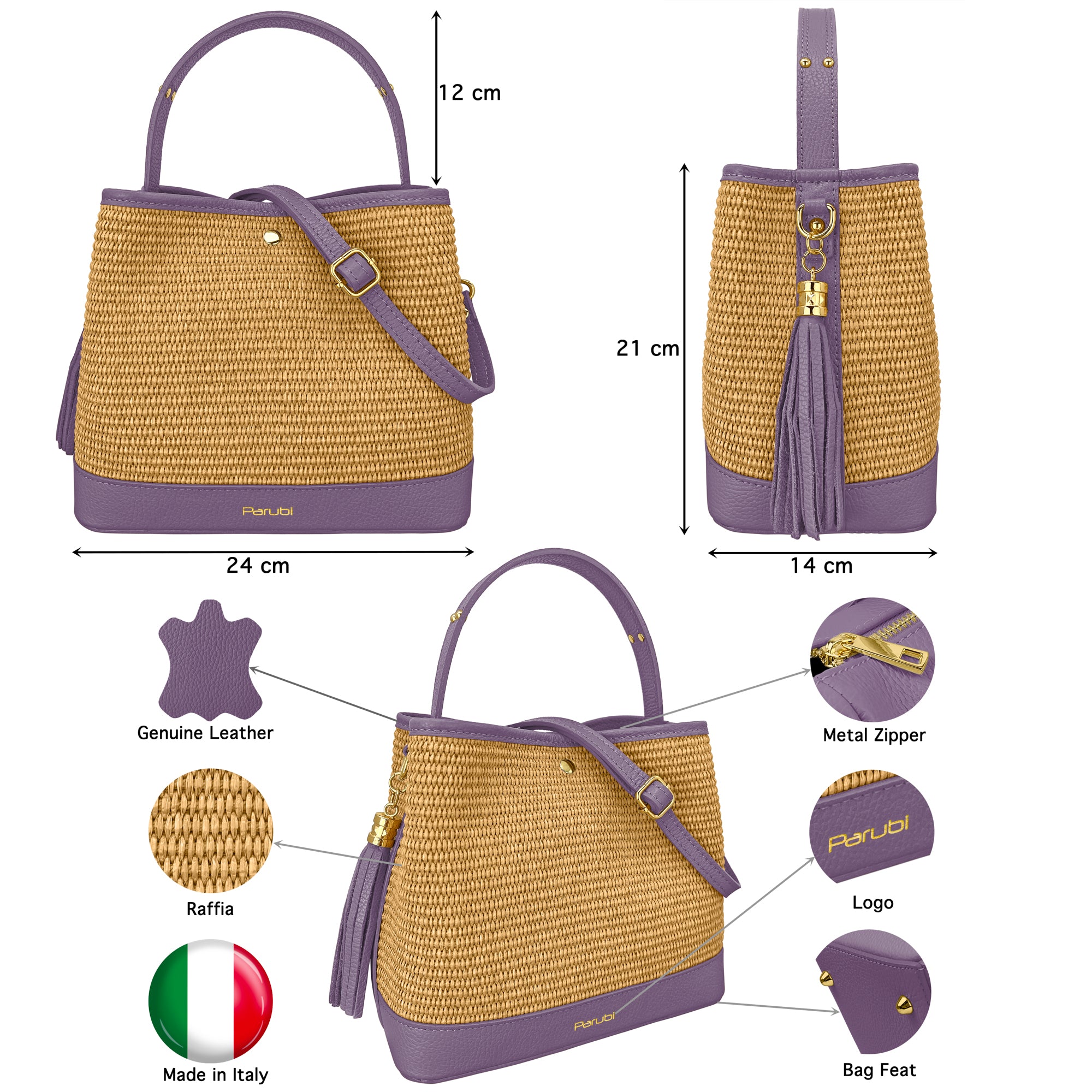 Borsa Secchiello Donna a Mano con Tracolla, In Vera Pelle e Rafia Naturale, Made in Italy, Modello Elide
