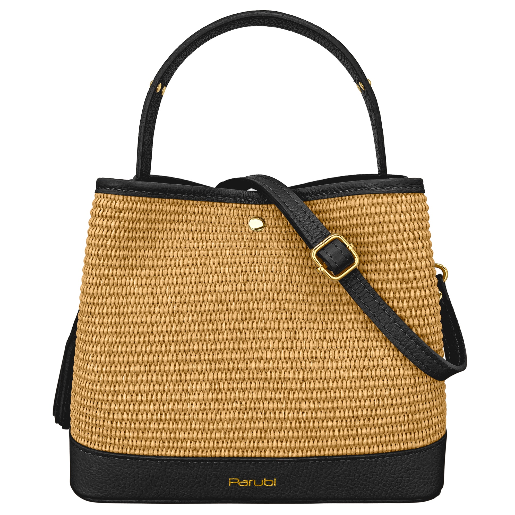 Borsa Secchiello Donna a Mano con Tracolla, In Vera Pelle e Rafia Naturale, Made in Italy, Modello Elide Nero