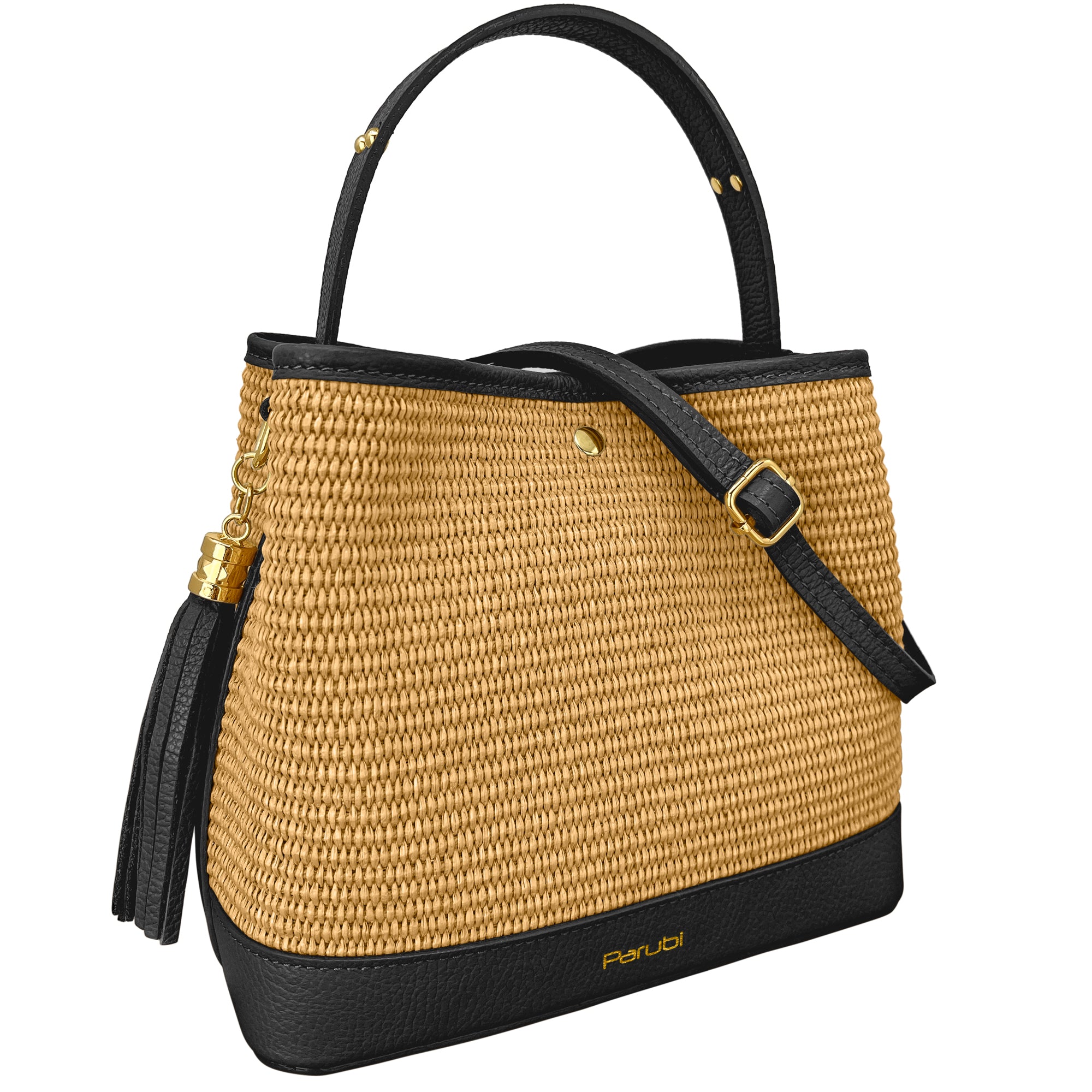 Borsa Secchiello Donna a Mano con Tracolla, In Vera Pelle e Rafia Naturale, Made in Italy, Modello Elide