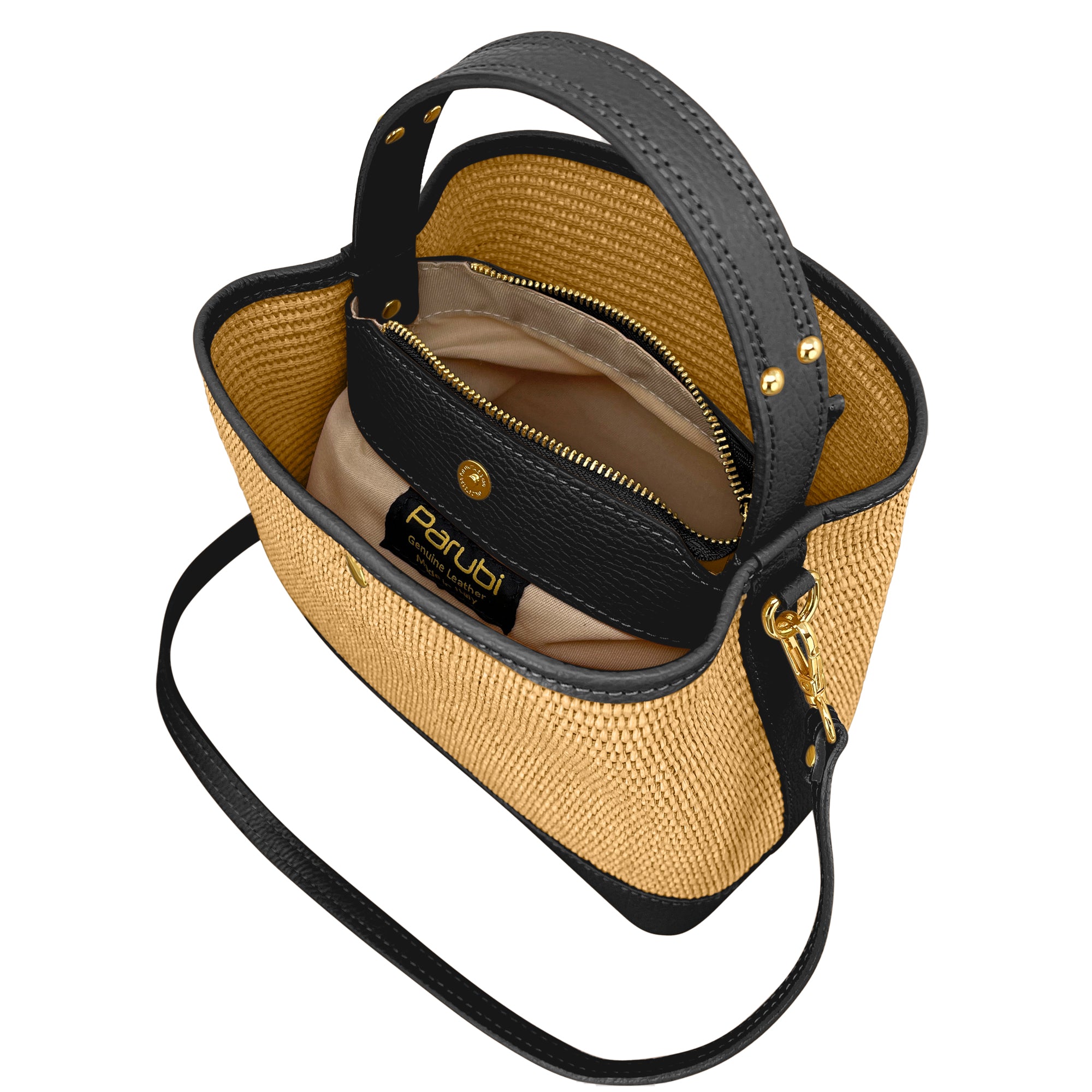 Borsa Secchiello Donna a Mano con Tracolla, In Vera Pelle e Rafia Naturale, Made in Italy, Modello Elide