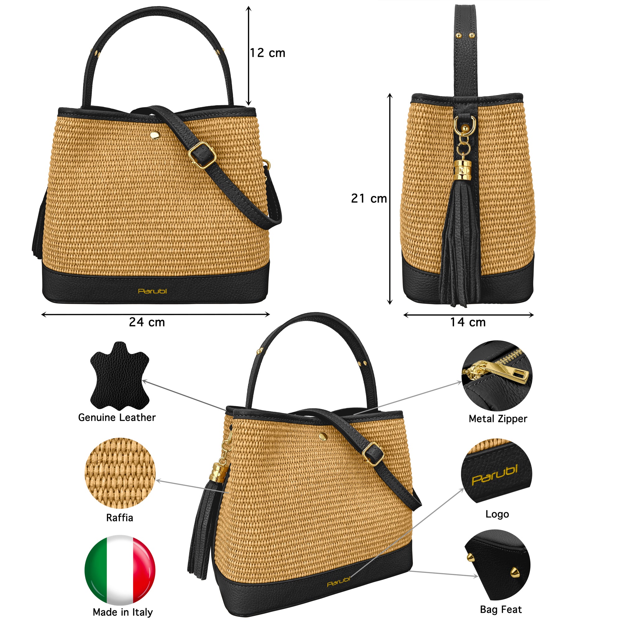 Borsa Secchiello Donna a Mano con Tracolla, In Vera Pelle e Rafia Naturale, Made in Italy, Modello Elide