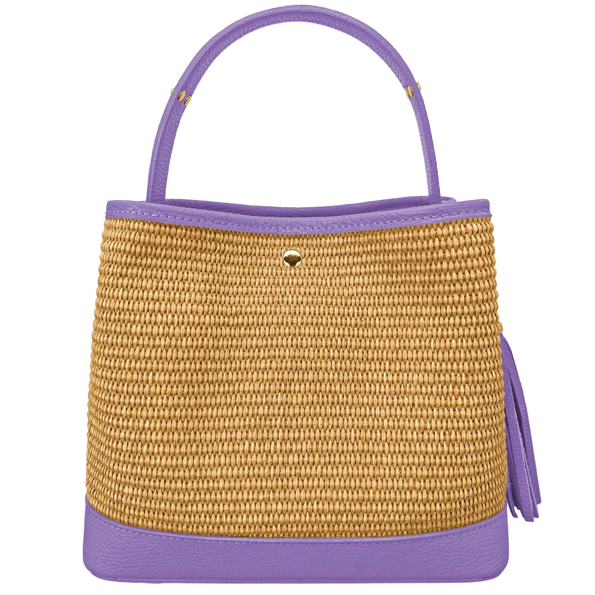 Borsa Secchiello Donna a Mano con Tracolla, In Vera Pelle e Rafia Naturale, Made in Italy, Modello Elide