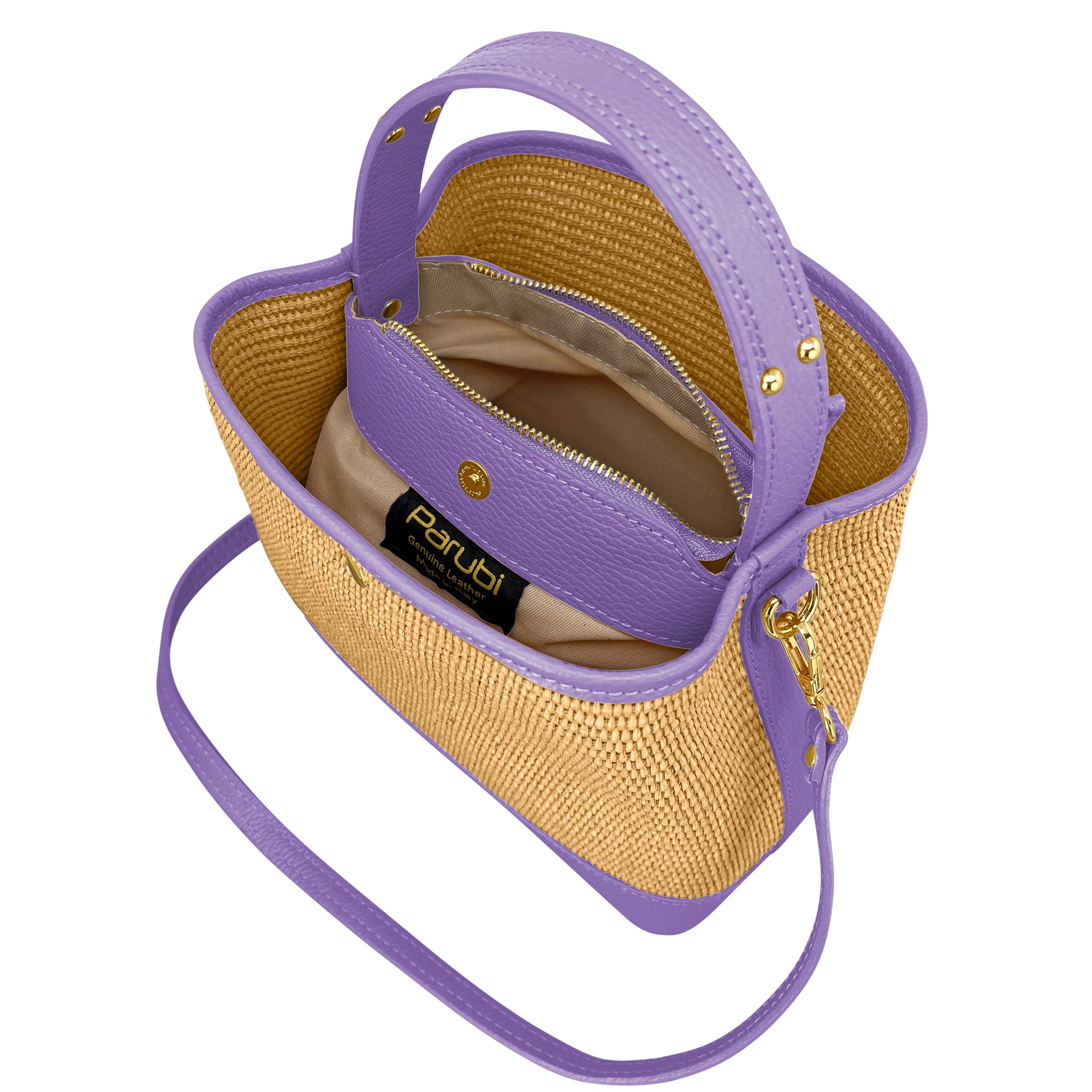 Borsa Secchiello Donna a Mano con Tracolla, In Vera Pelle e Rafia Naturale, Made in Italy, Modello Elide