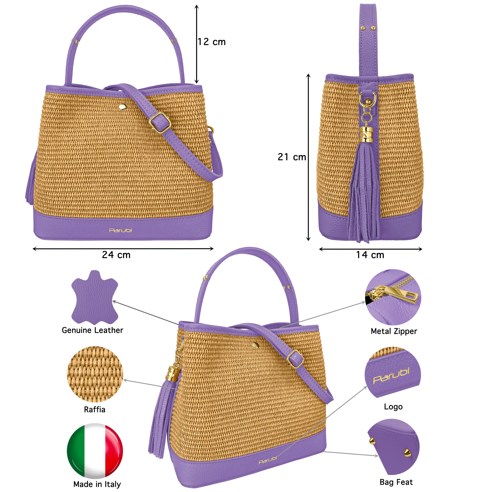 Borsa Secchiello Donna a Mano con Tracolla, In Vera Pelle e Rafia Naturale, Made in Italy, Modello Elide
