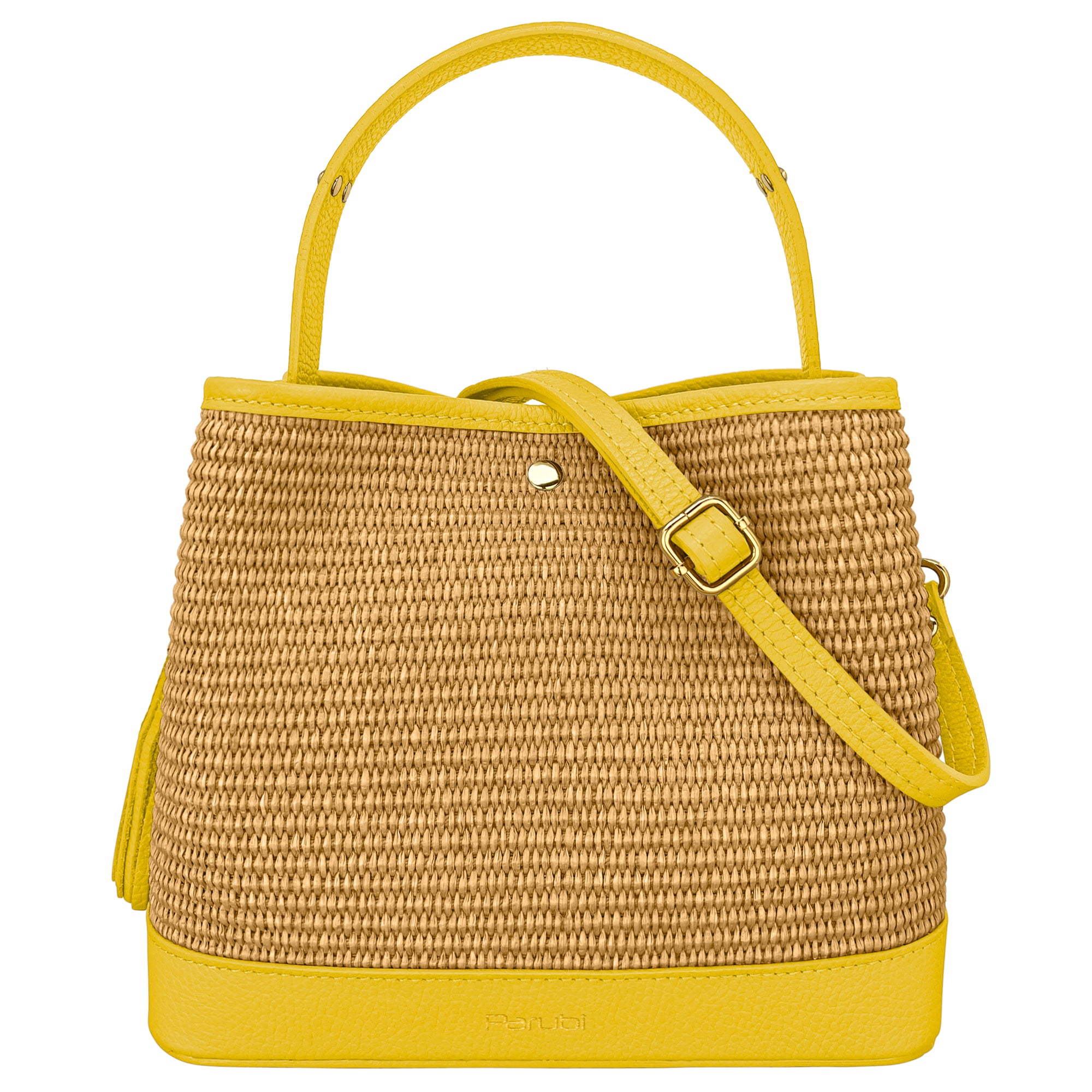 Borsa Secchiello Donna a Mano con Tracolla, In Vera Pelle e Rafia Naturale, Made in Italy, Modello Elide Giallo Chiaro